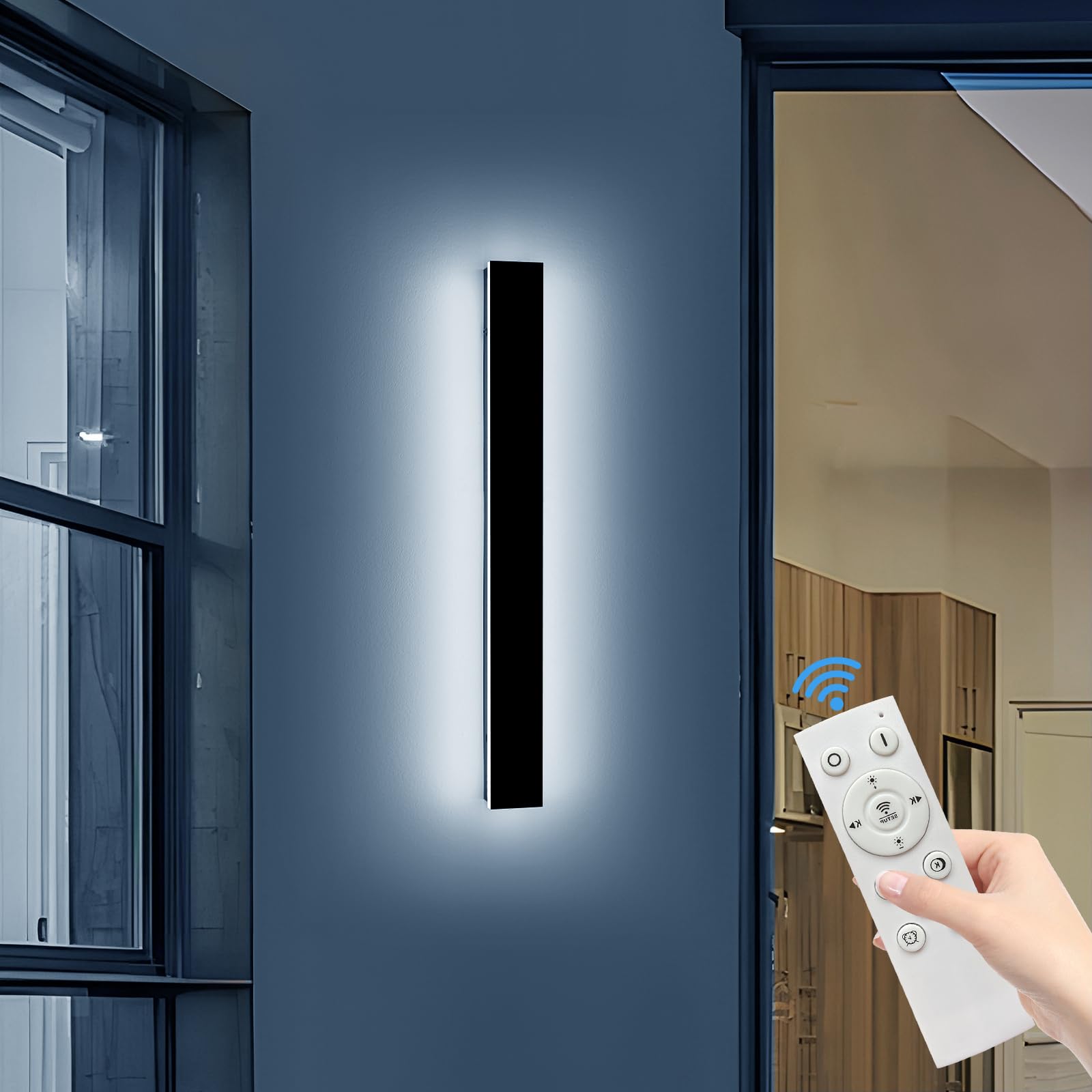 Daoseolo 39inch Modern Outdoor Wall Light, Dimmable LED Sconce, IP65 Waterproof, Black, Model CB-TG-39IN, with Remote Control