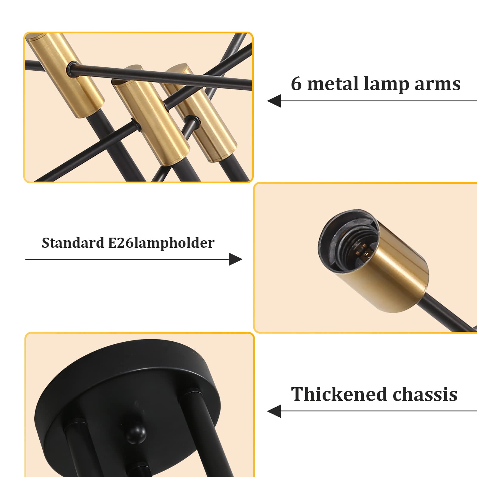 DELIPOP 6-Light Sputnik Light Fixture, Black Gold Mid-Century Modern Ceiling Light for Dining Room, Kitchen, Living Room, Bedroom