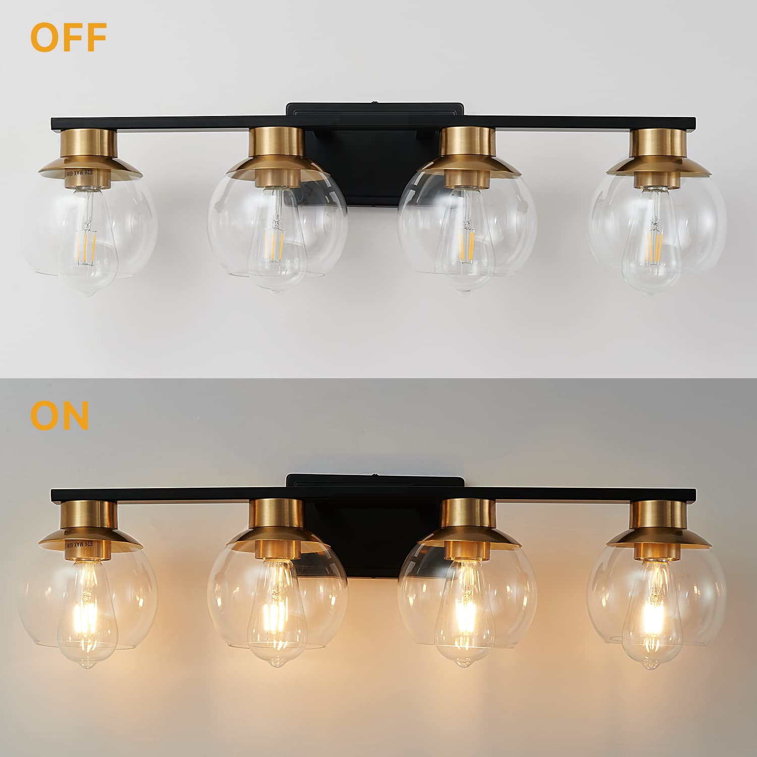 Pazala Black Gold 4-Light Bathroom Vanity Light Sconce With Globe Glass Shade, E26 Base