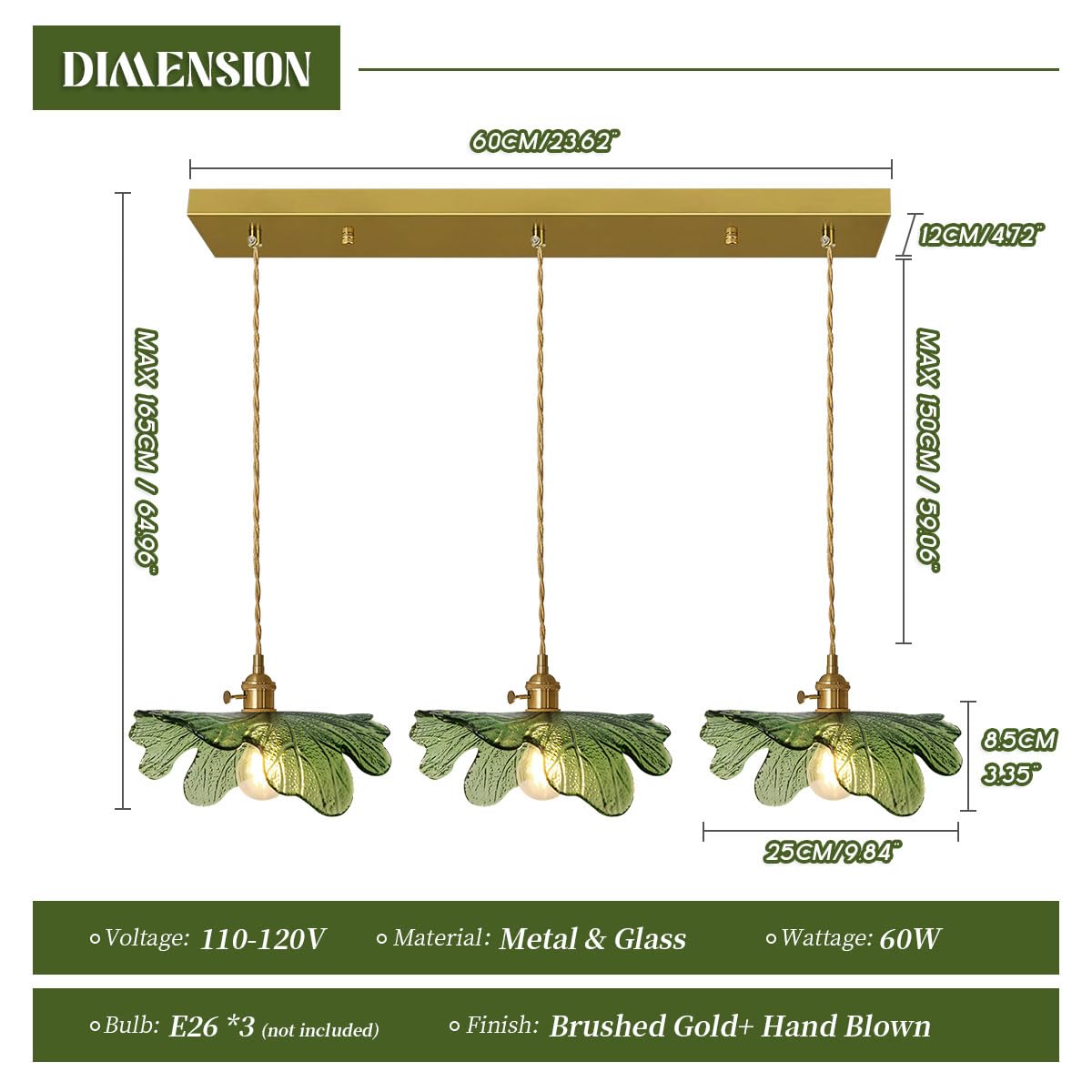 Auwieou Mid Century Modern Chandelier 3 Light Glass Pendant Lights With Hand Blown Amber Glass Shade Brass Pendant Light Farmhou