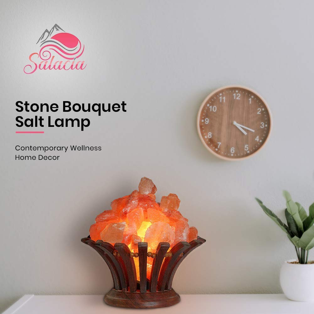 Stone Bouquet - A Himalayan Salt Lamp Bowl With Dimmer Cord - 100% Natural Pink Salt Rocks With Neem Wood Basket, Natural Himala