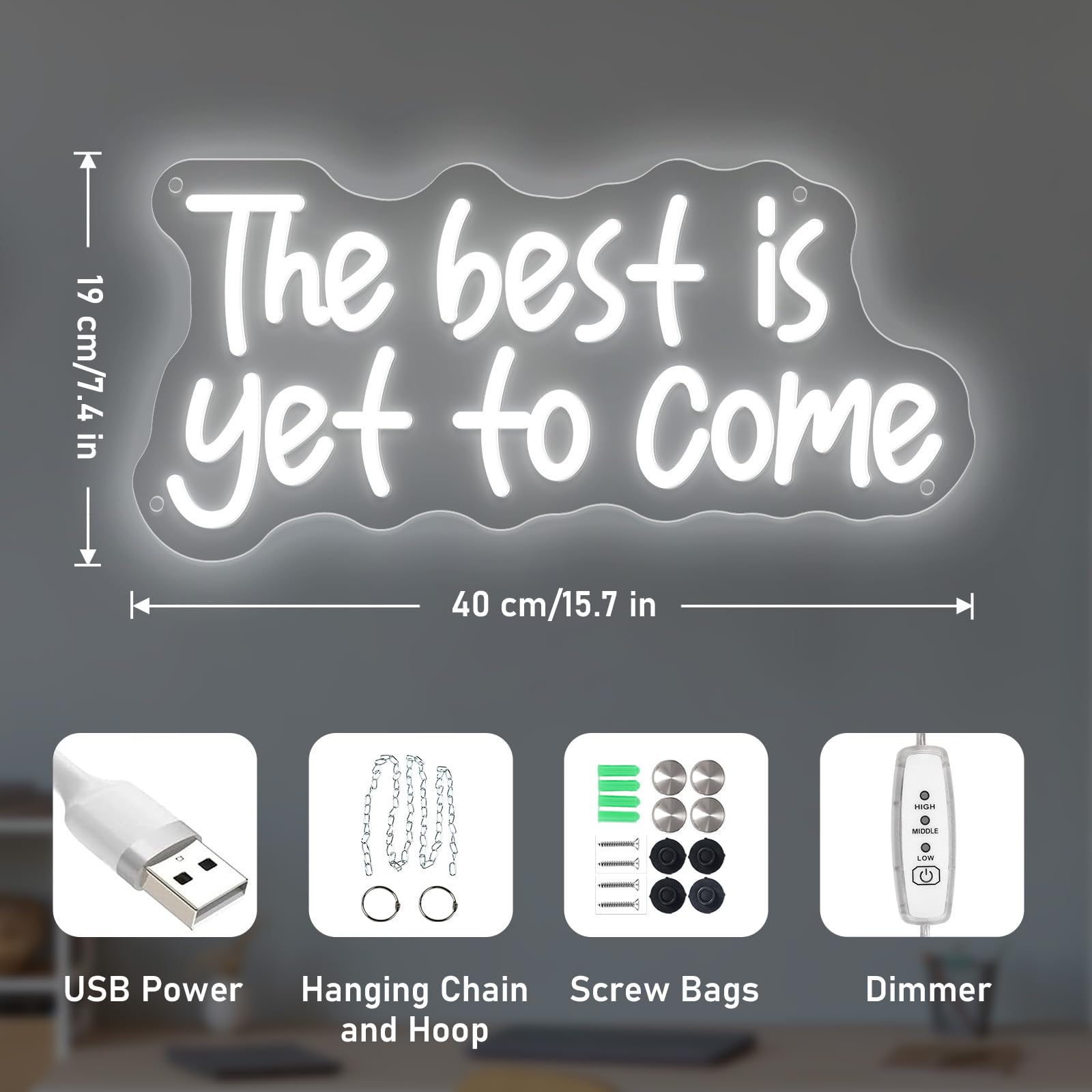 Brochao LED Neon Sign - "The Best Is Yet To Come" - USB Powered, Adjustable Brightness - Ideal for Office, Bedroom, Bar, Wedding - Color: TBIYTC