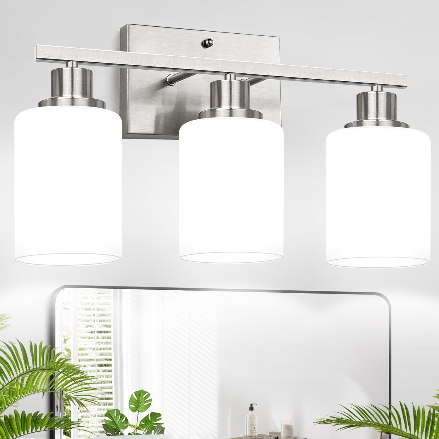 3-Light Bathroom Light Fixtures  Brushed Nickel Vanity Light With Milky White Shades  Bathroom Lighting Fixtures Over Mirror  Modern Bathroom Wall Lamp For Mirror Living Room Cabinet Bedroom