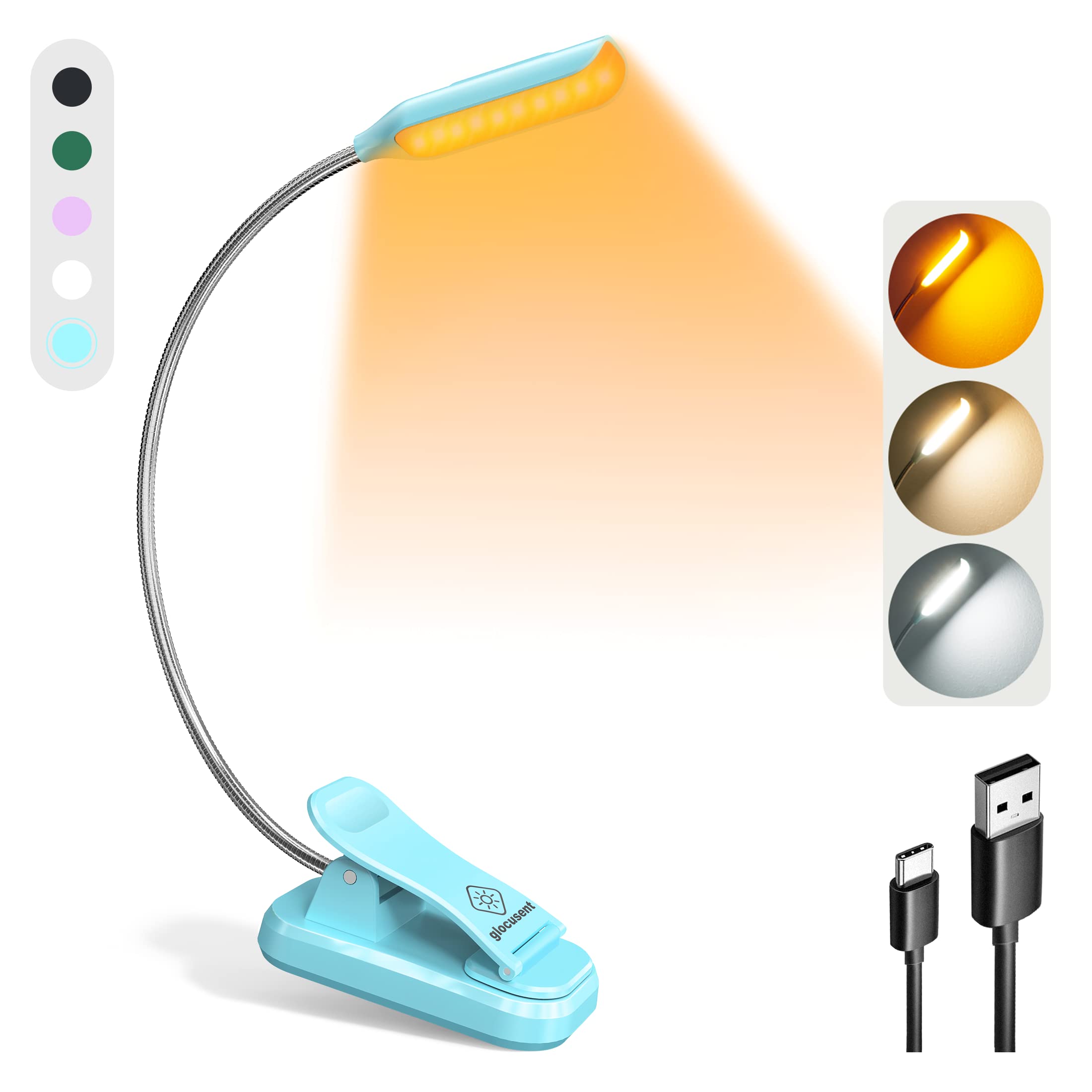 Glocusent Willow Book Light For Reading In Bed, 10Led Bright Reading Light, 3 Colors & 3 Brightness, Rechargeable Book Light Lasts For 80Hr, Lightweight Clip On Book Light, Perfect For Book Lovers