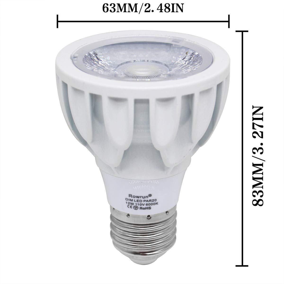 Rowrun Par20 Led Bulb 6000K Daylight White Dimmable 12W E26 Medium Base Cob Spot Light 24° Beam Angle High 1200Lm Ac 85-265V Flood Lamp 2-Pack