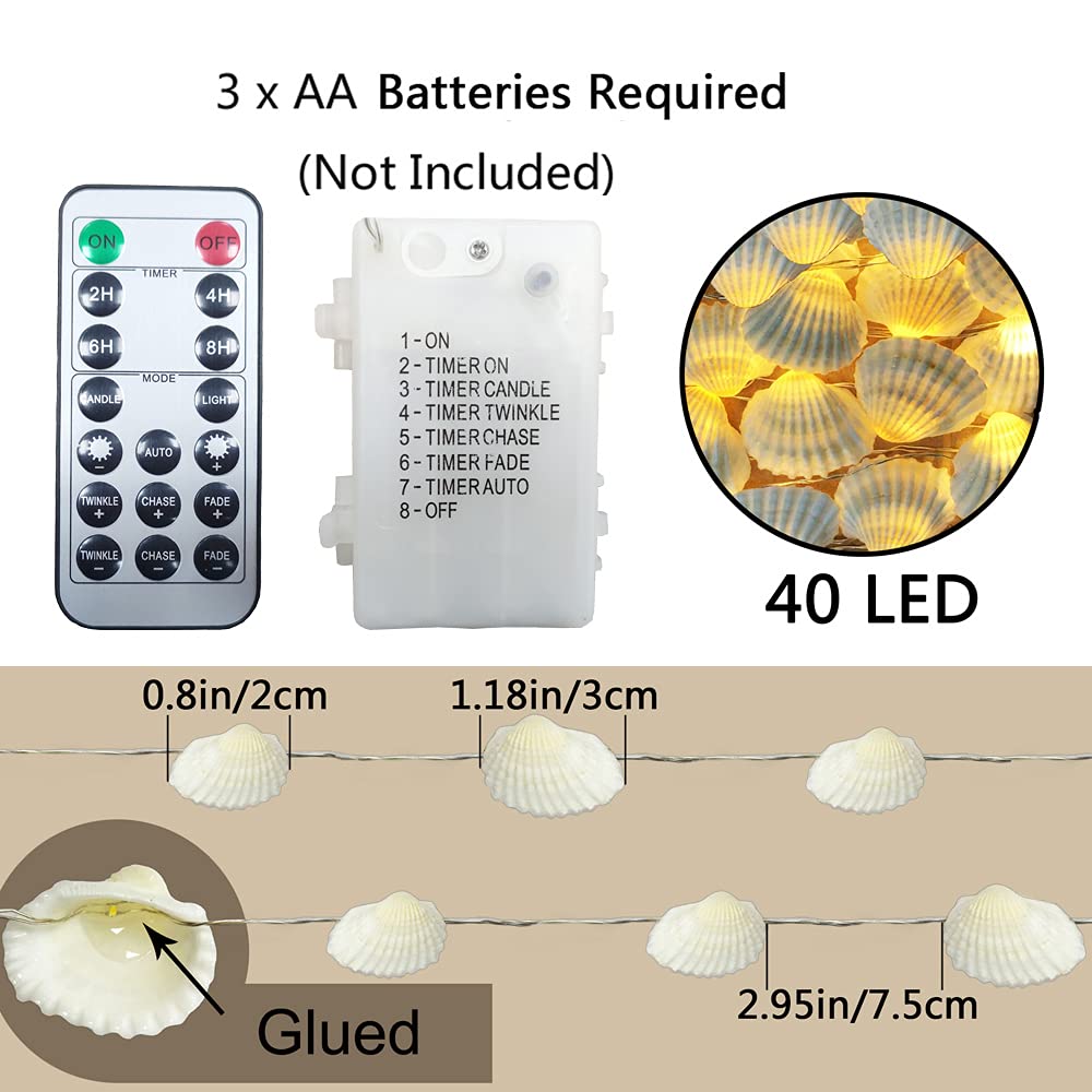 Starryfill 40 LED String Lights, 13.85Ft, Battery Operated, Waterproof, Warm White, Seashell, Model NDIE0501, Beach Themed Decoration