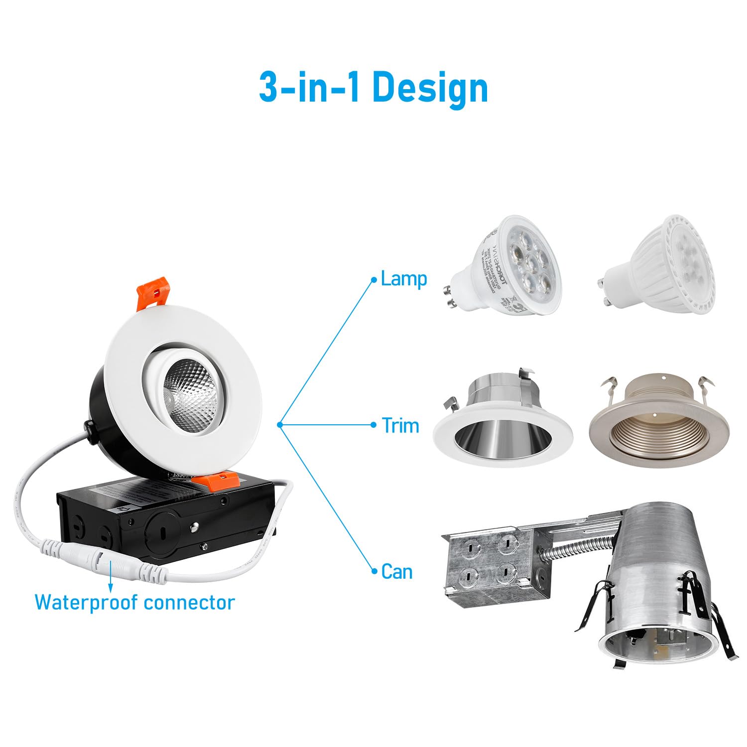 Torchstar 12-Pack 3 Inch Gimbal Led Recessed Light With Junction Box, 7W Cri90+ Dimmable Adjustable Eyeball Canless Led Downlight, 5000K Daylight, Airtight Ic, Etl