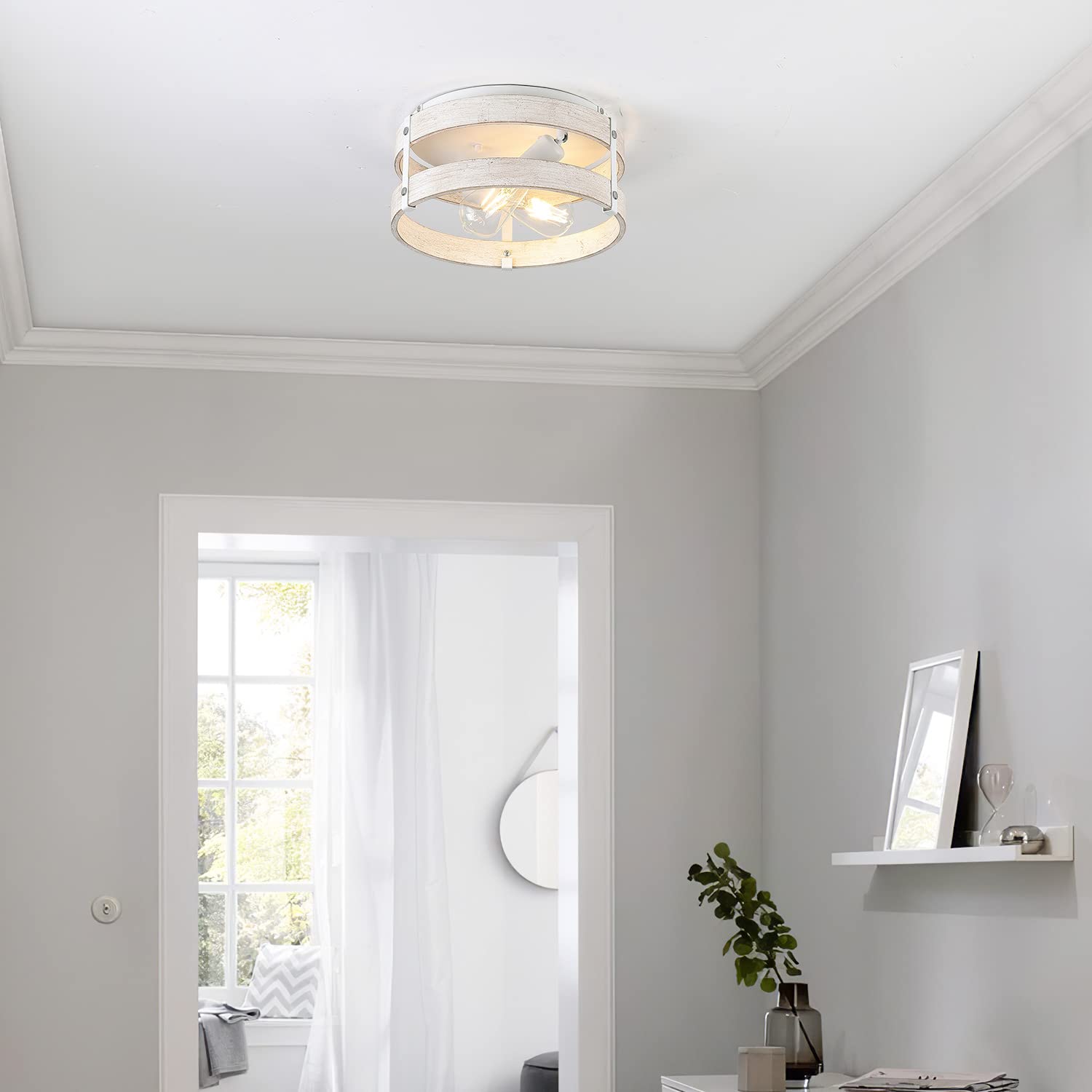 Fivess Lighting Modern Farmhouse Flush Mount Light Fixture, 2-Light Wood Drum, Distressed Finish, Model fss6319