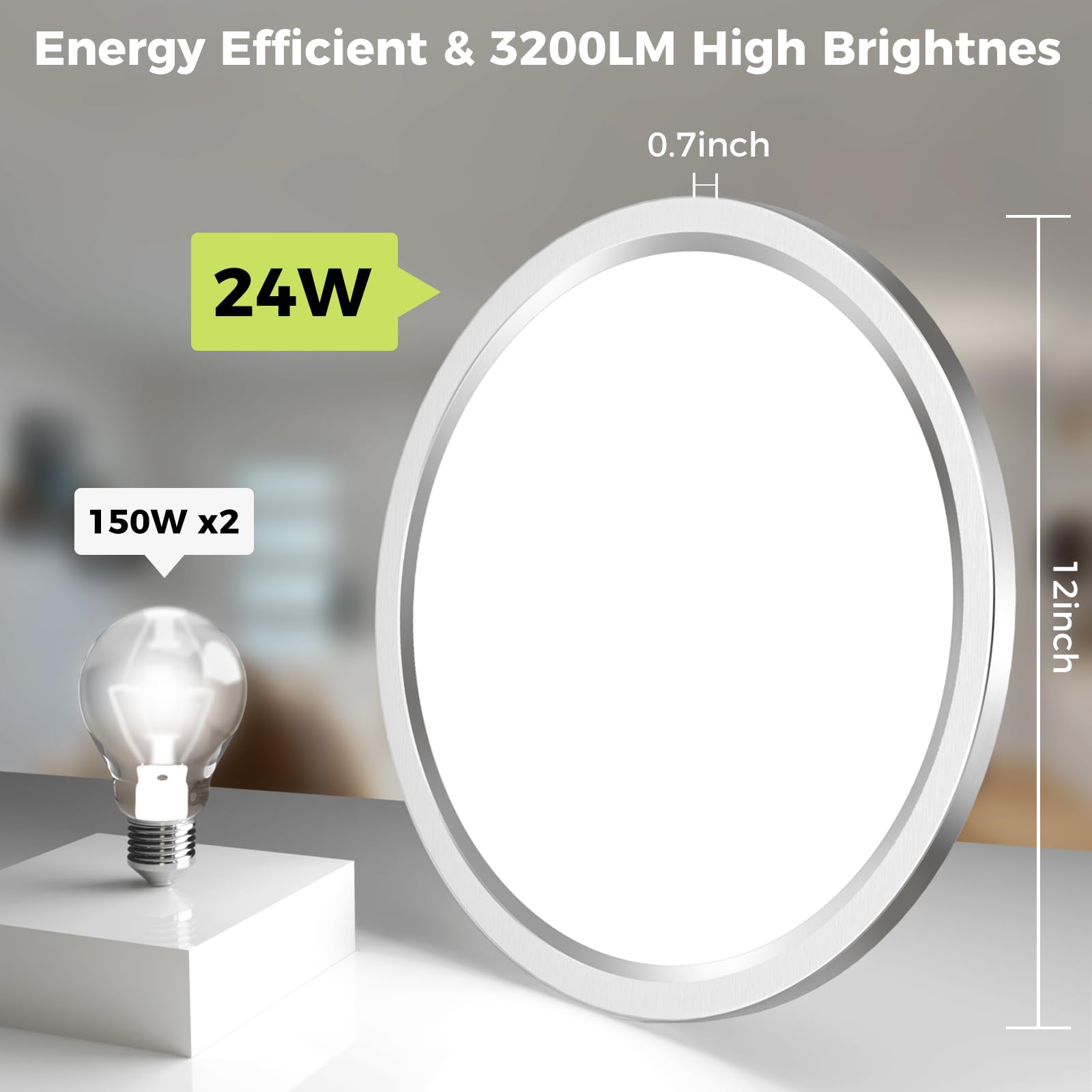 Hepside Led Flush Mount Ceiling Light Fixture Brushed Nickel, 12Inch 24W, Dimmable&3000K-6500K Adjustable Low Profile Ceiling Li