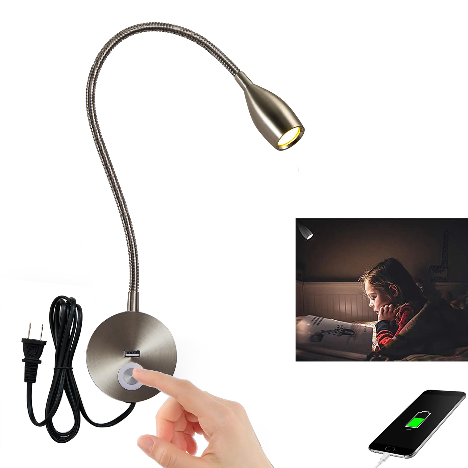Crisetek Reading Light Wall Mounted Reading Light Headboard Touch Switch Dimmable Reading Lamp Task Directional Led Gooseneck Light Ac (120V) Powered 3W (Brushed Nickel, Warm White)