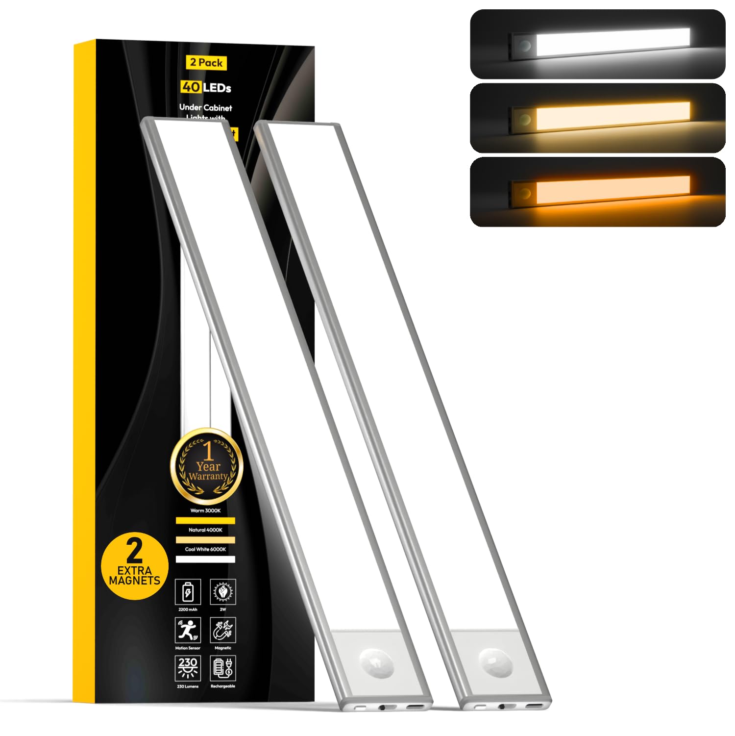 2 Pack Under Cabinet Lights 1500Mah, 40 Led Dimmable Closet Lights With 3 Adjustable Color Temperature, Rechargeable Battery Ope