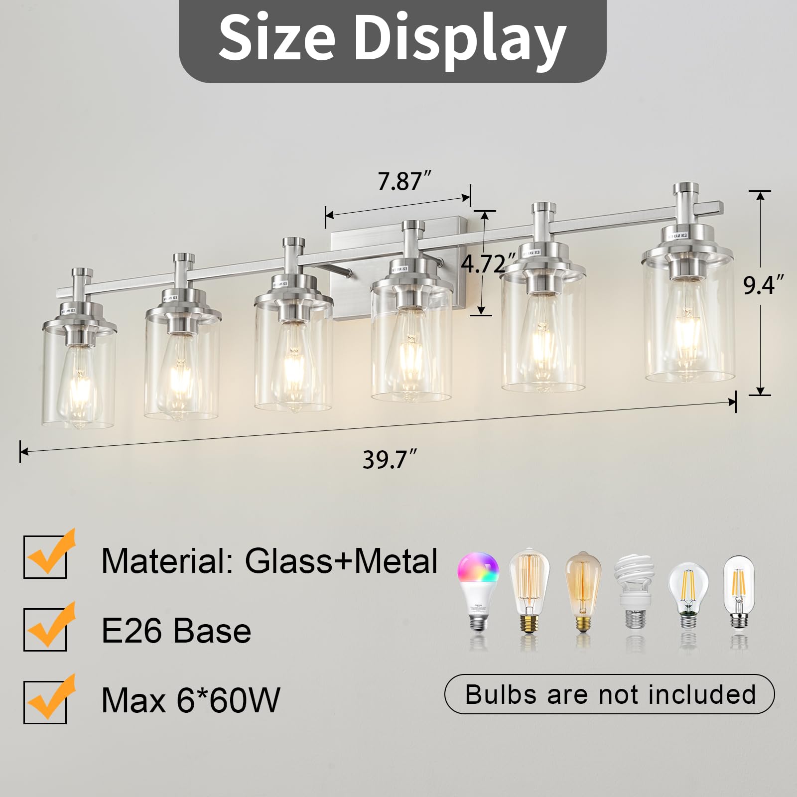 Aixialin 6-Light Bathroom Vanity Light, Brushed Nickel Bathroom Lights Fixtures Over Mirror, Vanity Lights Wall Mount With Clear