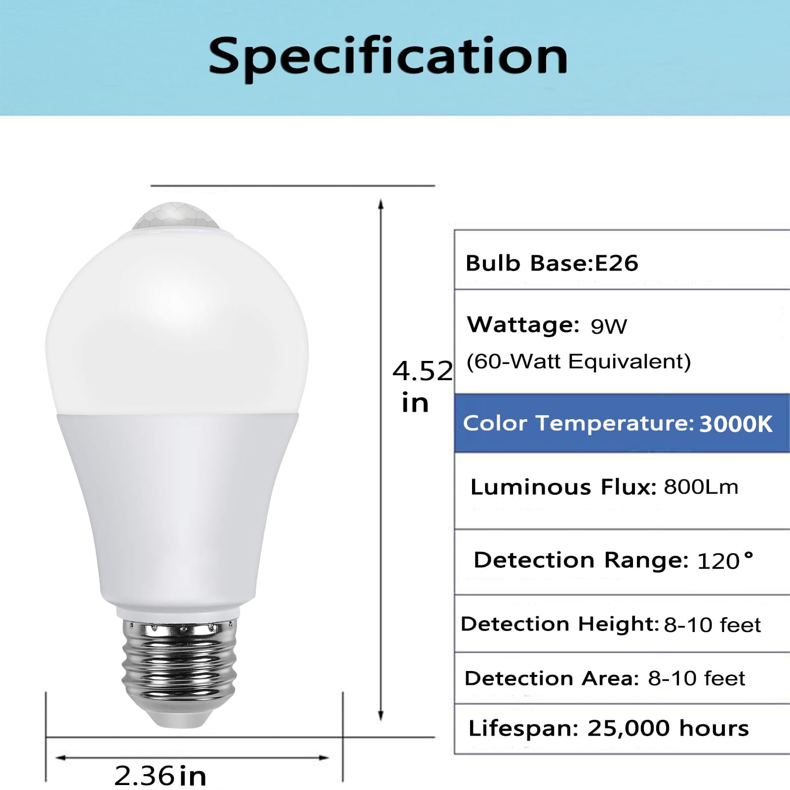 U4GLORY Motion Sensor Light Bulbs, LED 9W (60W Equivalent), 800lm, E26, 3000K, Warm White, 2 Pack, Indoor/Outdoor