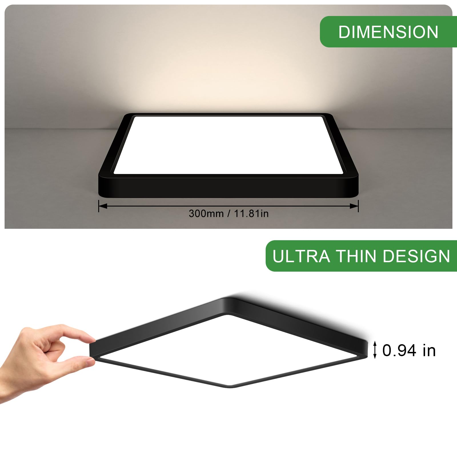 12Inch 24W Square Led Ceiling Light Fixtures Flush Mount  4000K Natural White Ceiling Lamp  Surface Mount Modern Ceiling Lights  Slim Flat Panel Lighting For Bedroom  Kitchen  Bathroom Etc.Black