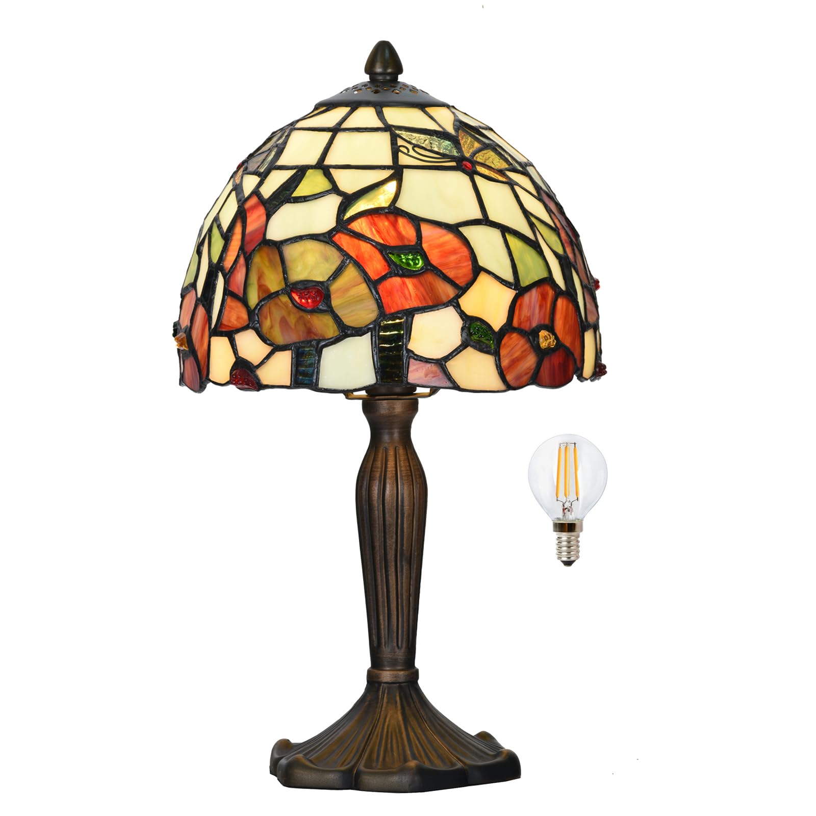 HomeBeauty TL0029 Small Tiffany Style Table Lamp Handcrafted Stained Glass Floral Shade with Bronze Base Vintage Desk Light for Bedroom Living Room  LED Bulb Included (Blossom)