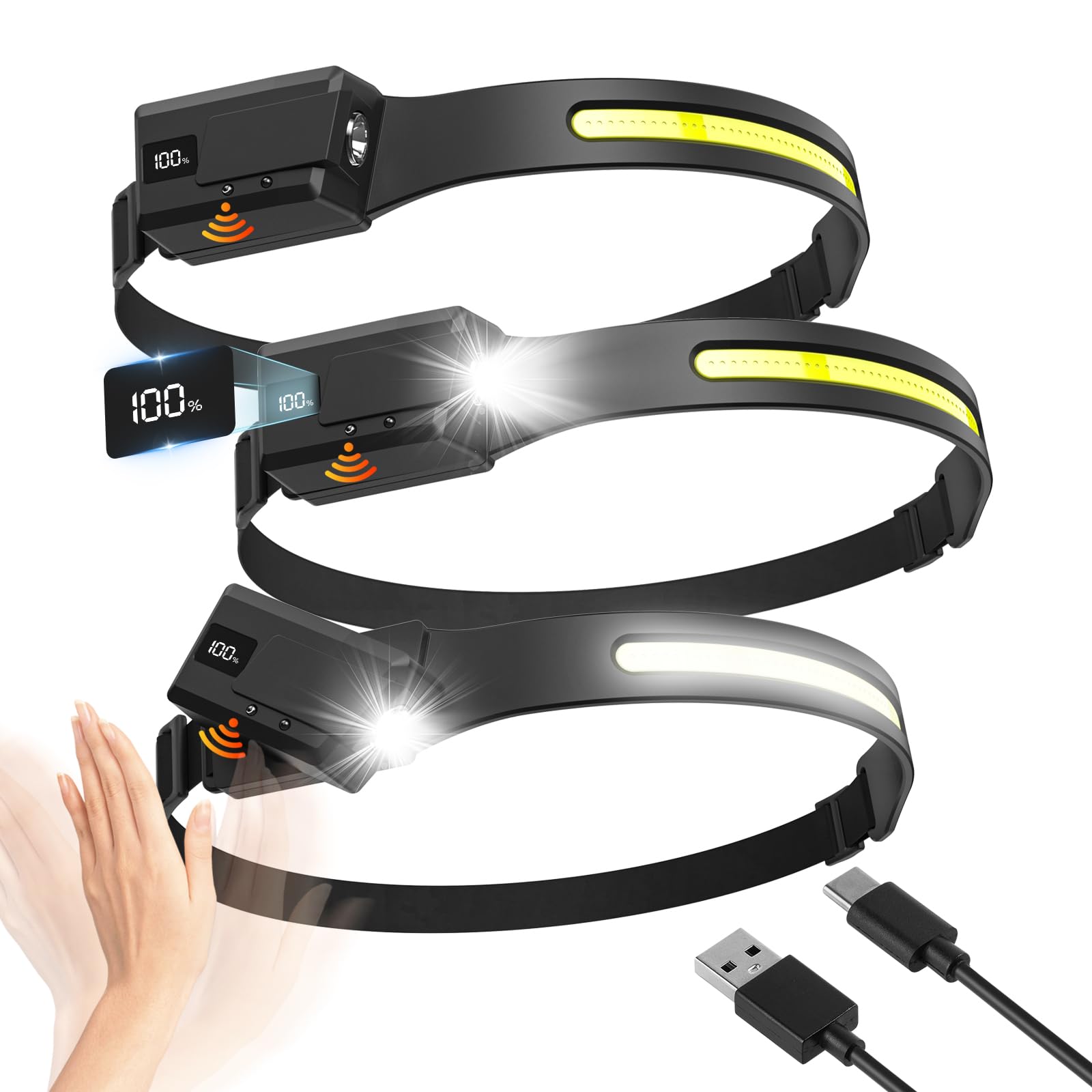 3Pcs Rechargeable Headlamp With Adjustable & Removable Spotlight, Led Waterproof Headlight, Headband Light, Motion Sensor Hands-