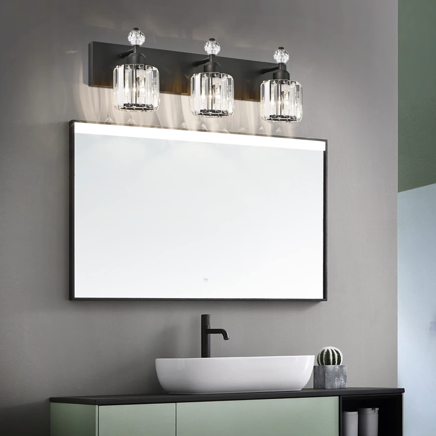 PRESDE Black Crystal 3-Light Vanity Lighting Fixture - Modern Bathroom Wall Light with Matte Black Metal Back Plate