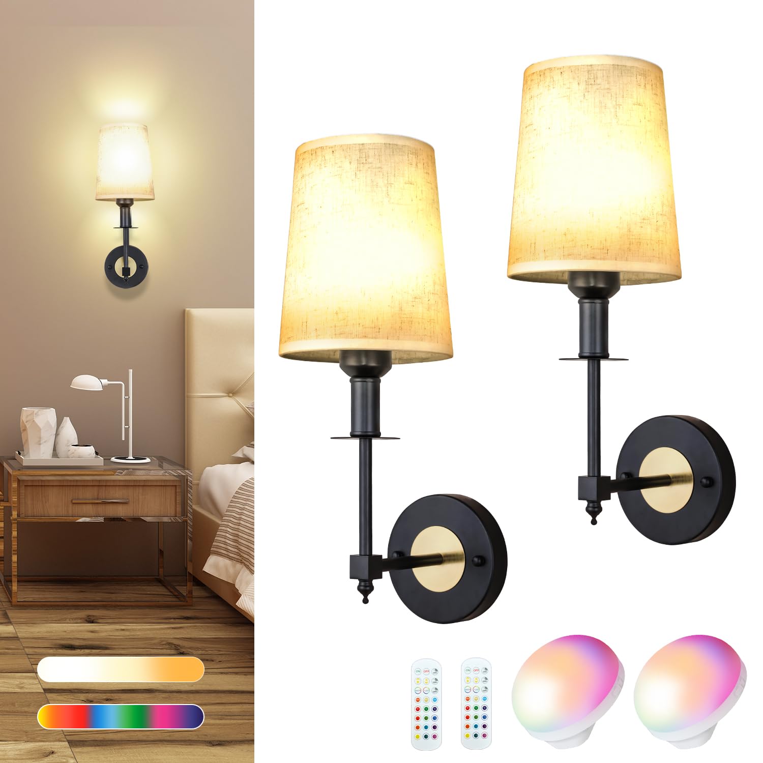 BIMEAN Battery Operated Wall Sconces Set of Two, Black Iron, RGB Rechargeable Bulb, Indoor Wall Mounted Lamp, Model L015D