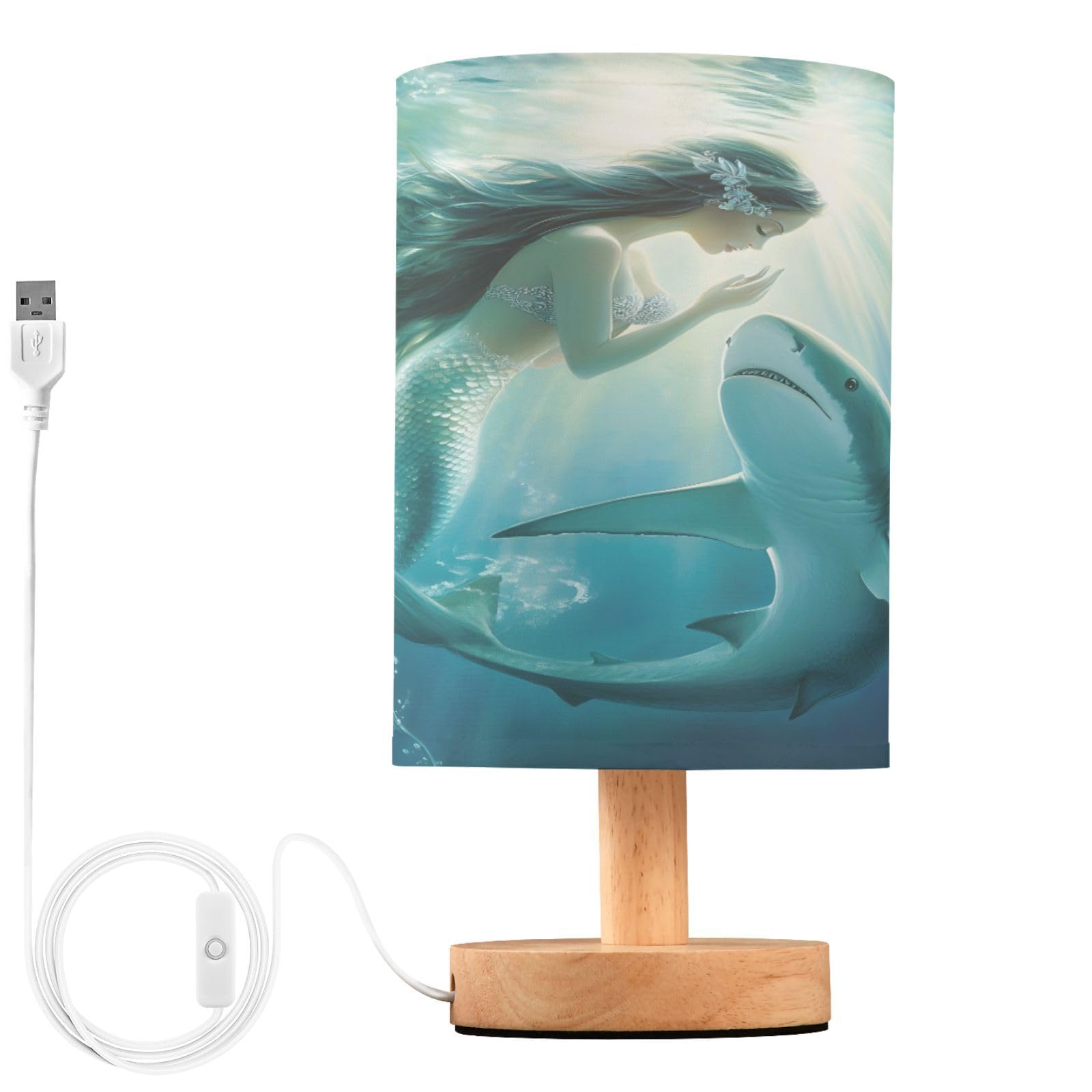 ALAZA Shark Mermaid Underwater World Decor Bedside Table Lamp with USB Port for Bedroom Nightstand Office Desk LED Bulb Included