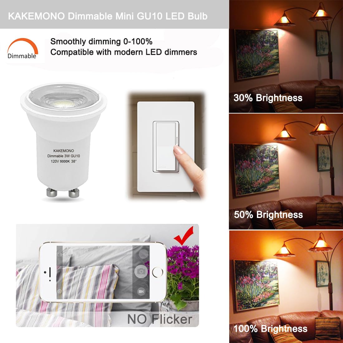 KAKEMONO MR11 GU10 LED Bulb 3W Spotlight 120V Daylight White 5000K, 4-Pack, 20W Halogen Equivalent
