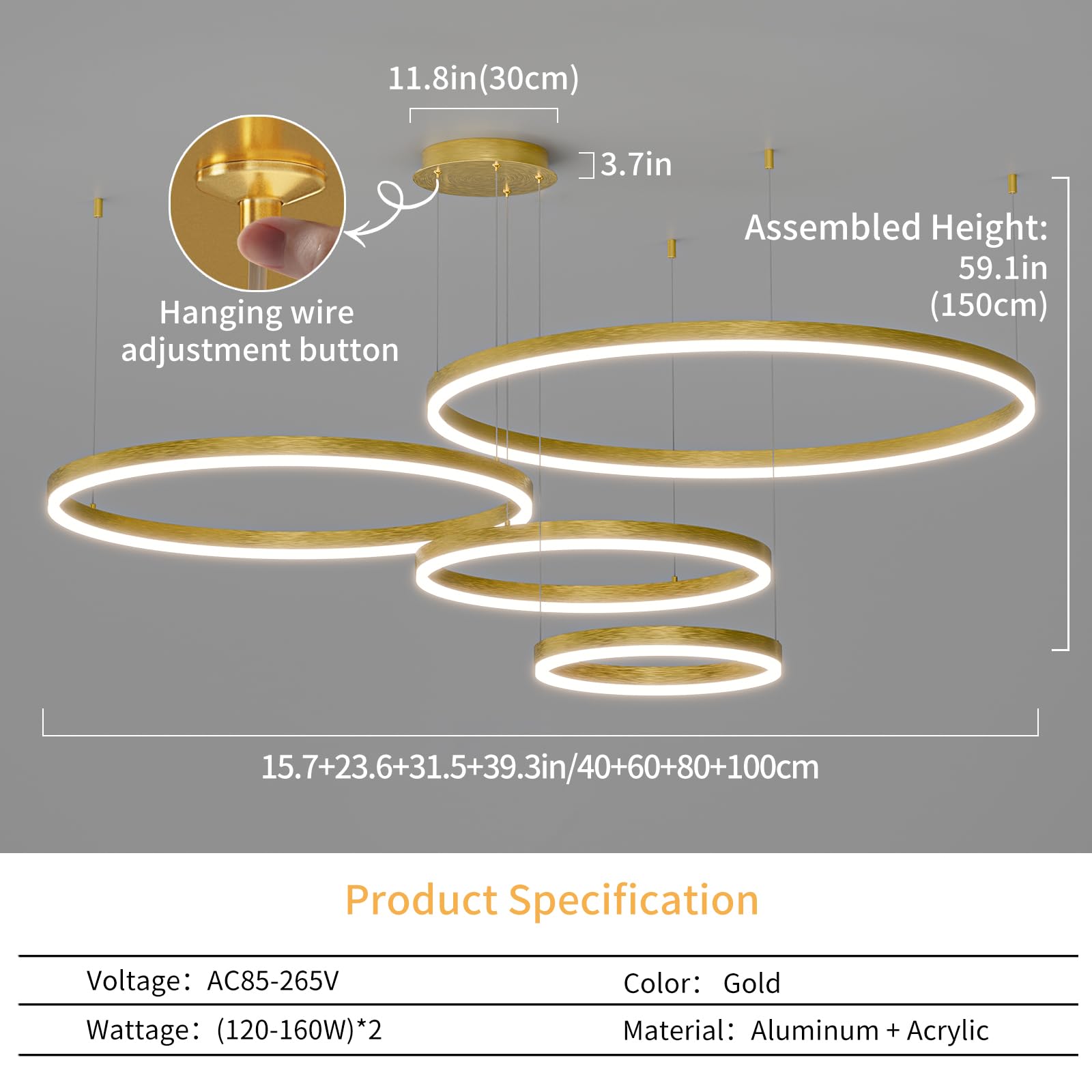 Mikeru Modern LED Chandelier Light with Remote Control, 3000K-6500K Adjustable, 4 Rings, B-Black, 15.7+23.6+31.
