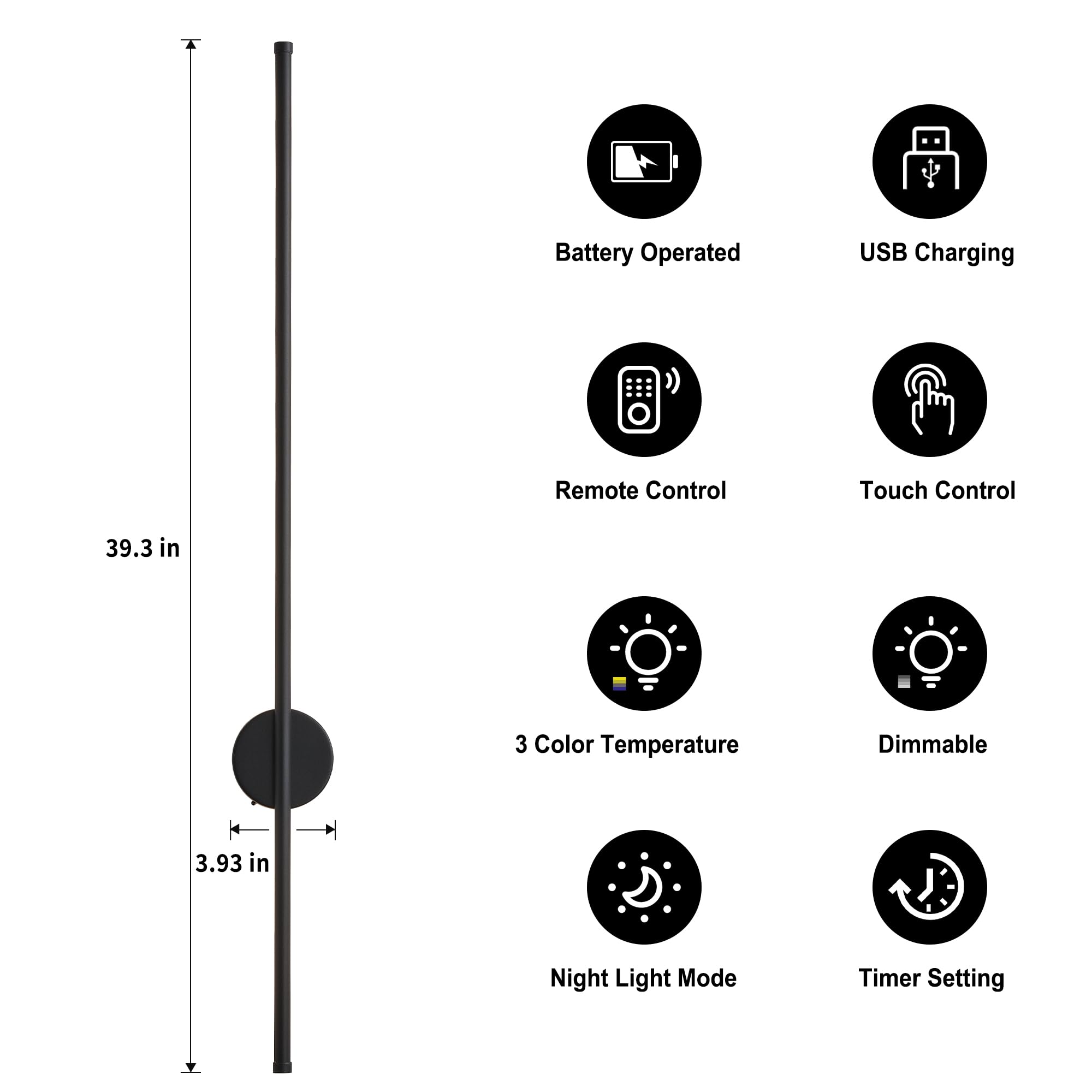 KARTOOSH Battery Operated Wall Sconces, Dimmable, 3 Color Temperatures, 39.3 Inch, Black, Model ZM322BBL100, Set of Two