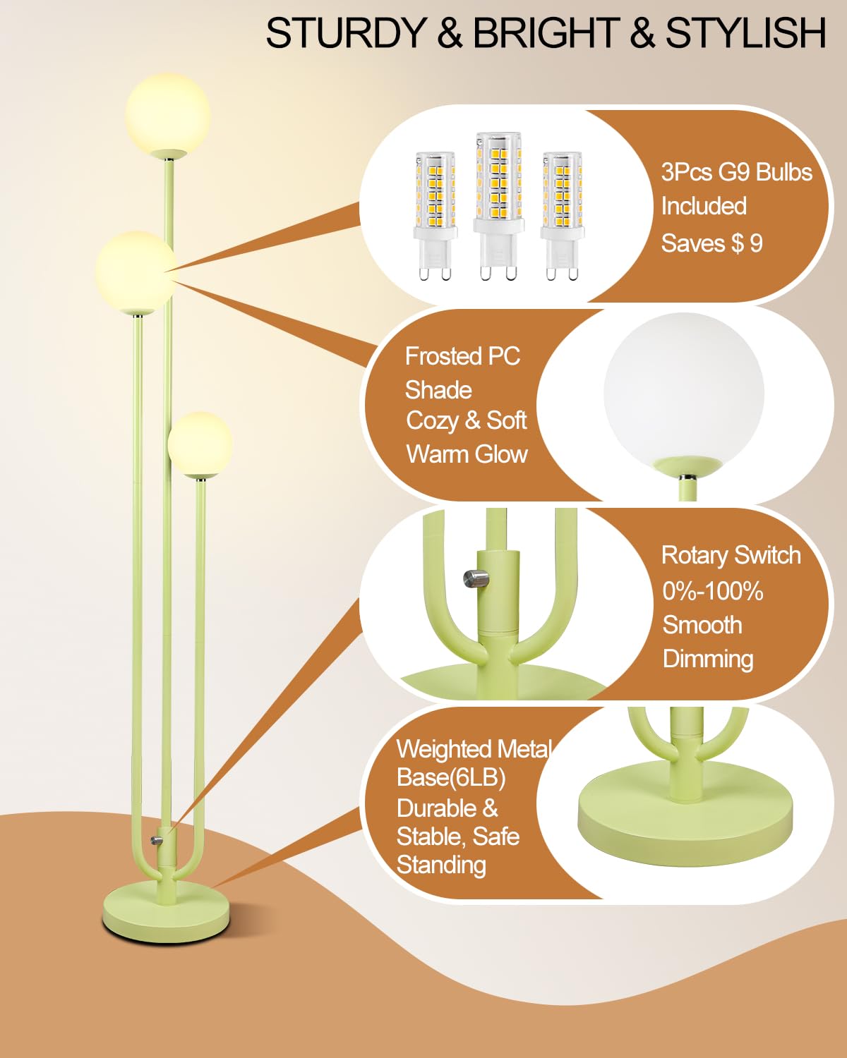 Lightdot 63IN Modern Floor Lamp with 3 Green U-Pole & 3000K LED Bulbs, Metal Tall Lamp for Living Room/Wedding/Party