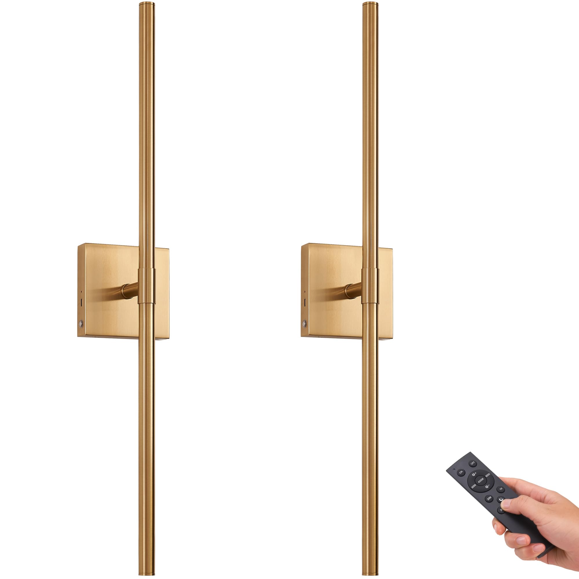 Gwoner Battery Operated Led Wall Sconces Set Of 2, 25" Wireless Rechargeable Gold Wall Lights With Remote Control, 3 Color Stepless Dimming 360° Rotate Wall Decor Lamp For Living Room Hallway Bedroom