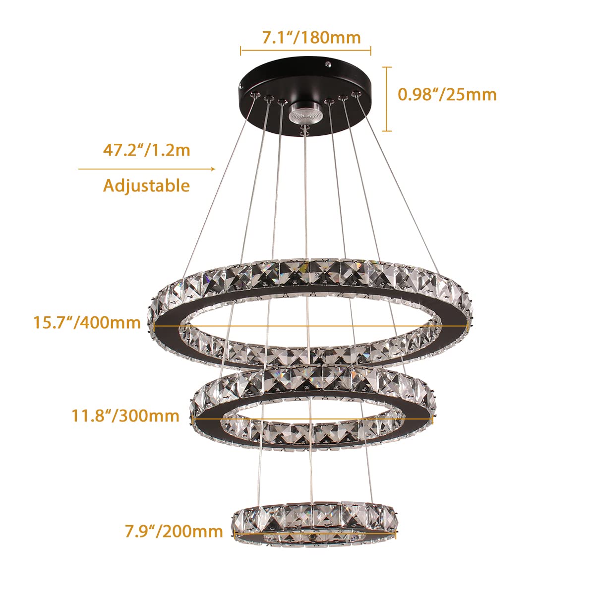 diisunbihuo Modern LED Crystal Pendant Light, 3 Rings, Adjustable Height, Black, Cool White, Model MP004-BK-CW for Dining/Bedroom/Living Room