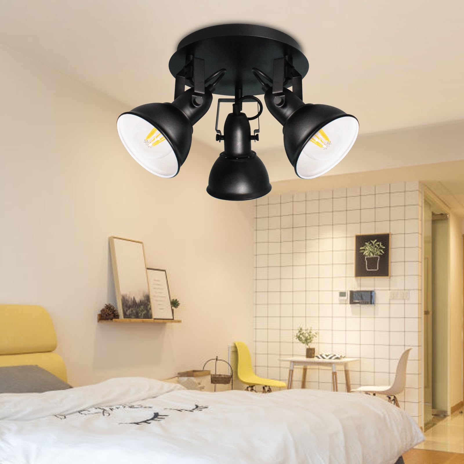 HiBay LED Ceiling Light Fixtures, 3-Lights Adjustable Spotlight, Industrial Track Lighting Fitting with Round Plate for Kitchen,