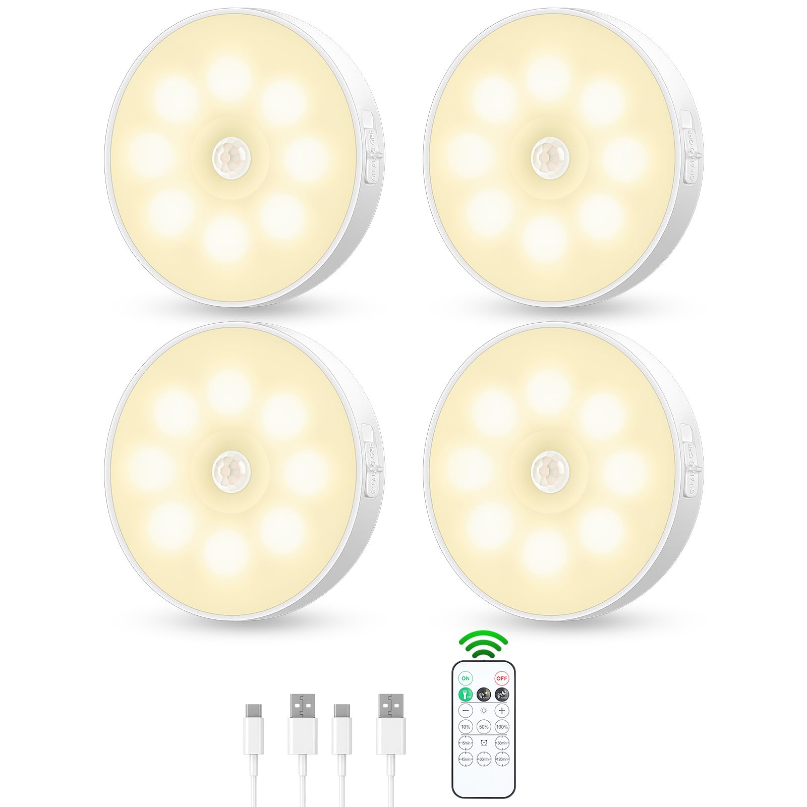 YLXS Motion Sensor Puck Light, Wireless Dimmable Under Cabinet Lighting, 4-Pack, Neutral White, Rechargeable, Magnetic