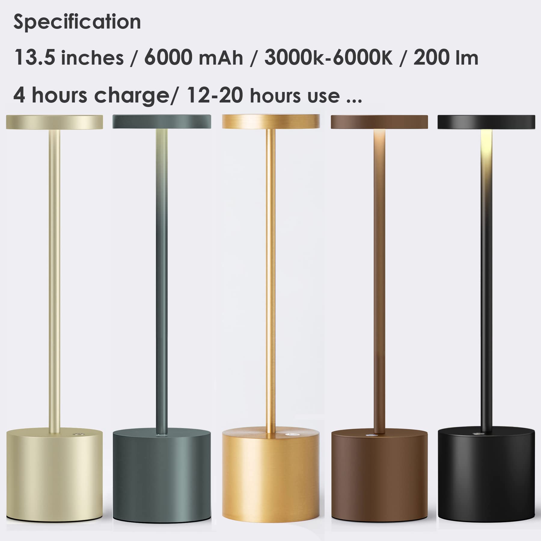 JALVDE Cordless LED Table Lamp, 6000 mAh, 3-Level Light, 13.5 inches, Gold, Model JL-S801, Pack of 2