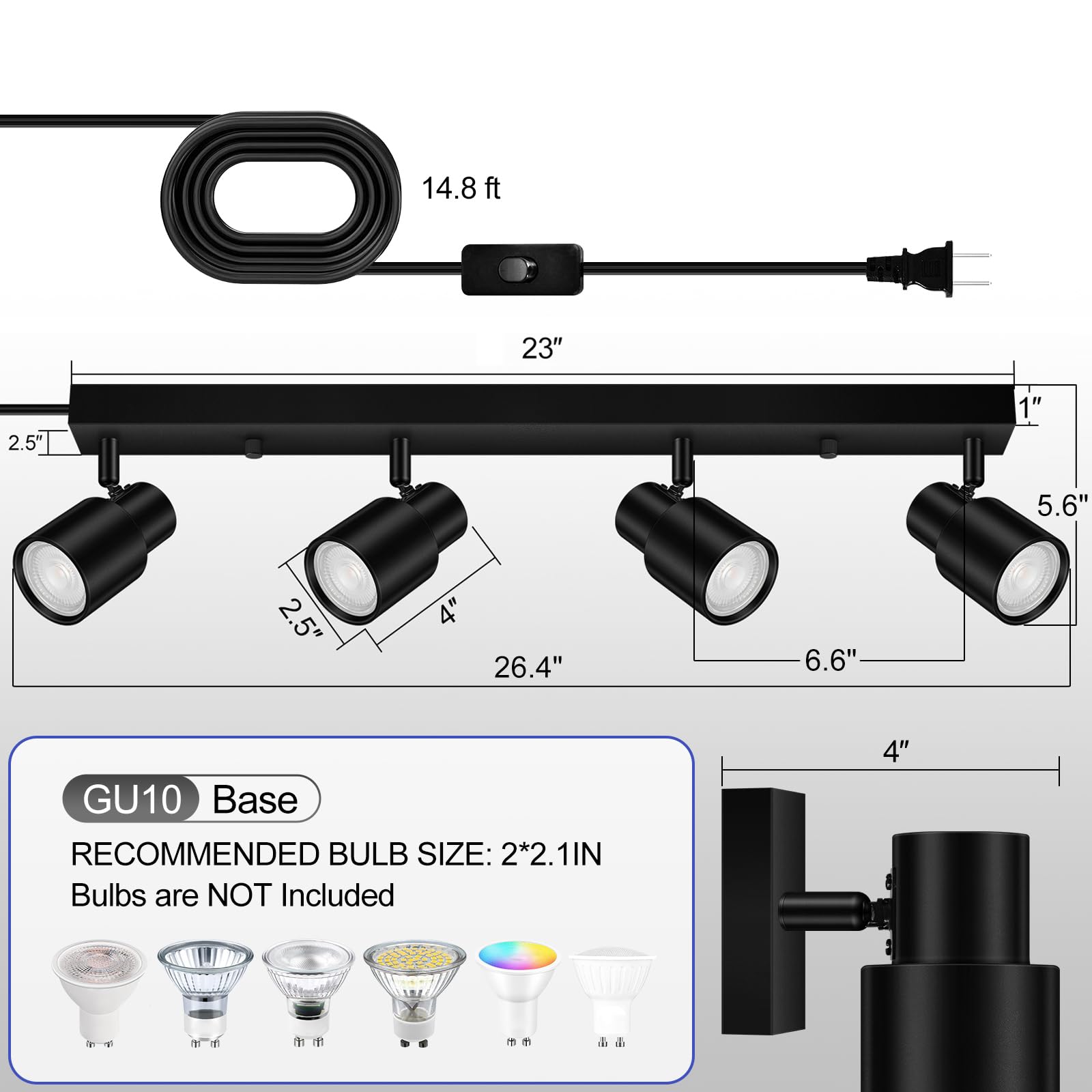 Track Lighting Plug In, 23'' Led Track Lighting Fixtures Ceiling, Black 4 Way Spotlight, Rotatable Track Head, Plug In Ceiling L