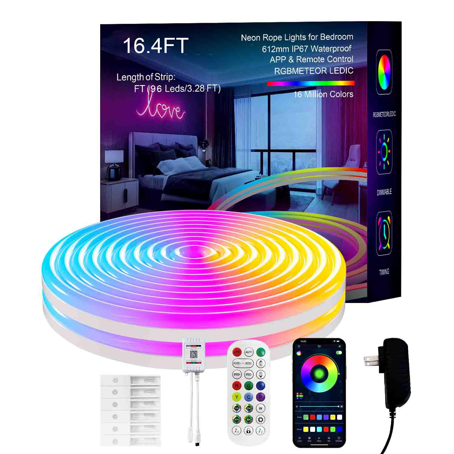 MFWW Neon Rope Lights, 16.4FT IC+RGB LED Strip Lights, App+Remote Control, Outdoor IP67 Waterproof, Music Sync, Color Changing, 