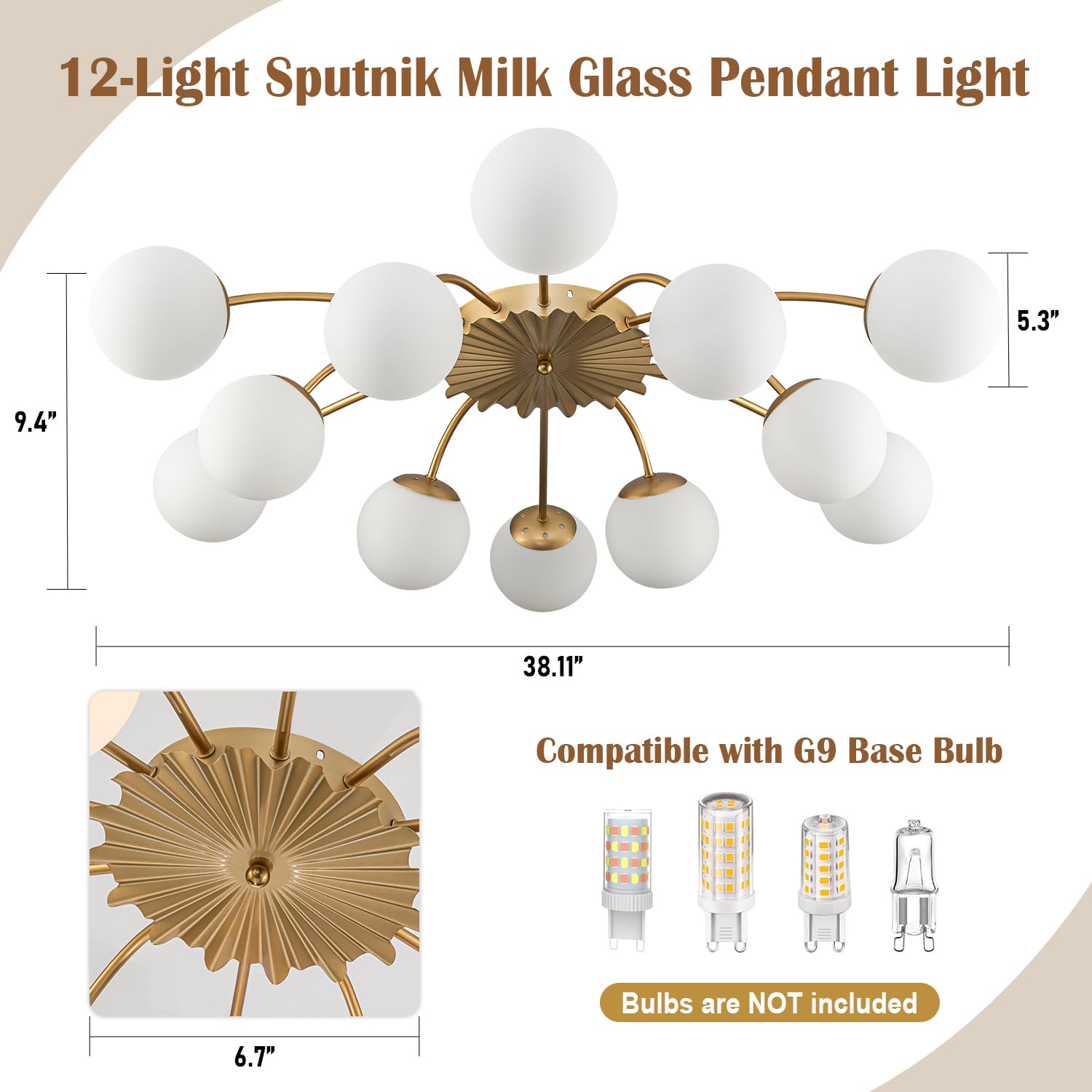 YIHANTLZ 12-Light Pendant Light, Gold Hand Blown Glass Chandelier, 40in Sputnik Design for Dining Room and Living Room, Model BP-1662