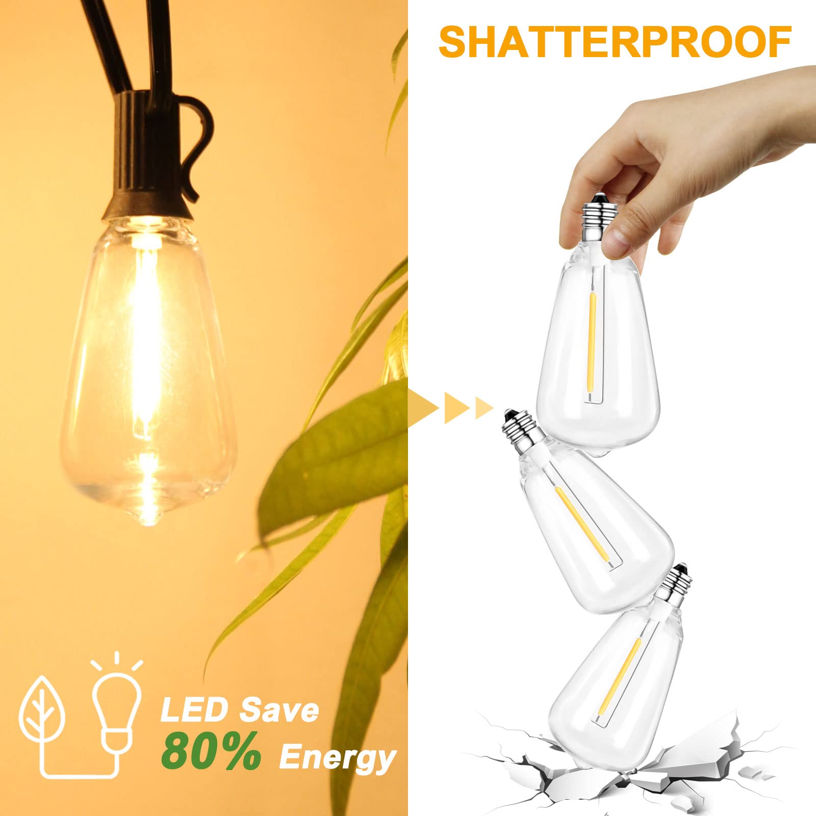 BRIMAX 10FT Outdoor String Lights, 10 Shatterproof Warm White LED Bulbs, Waterproof, Model LM-SL-S14-usb-75