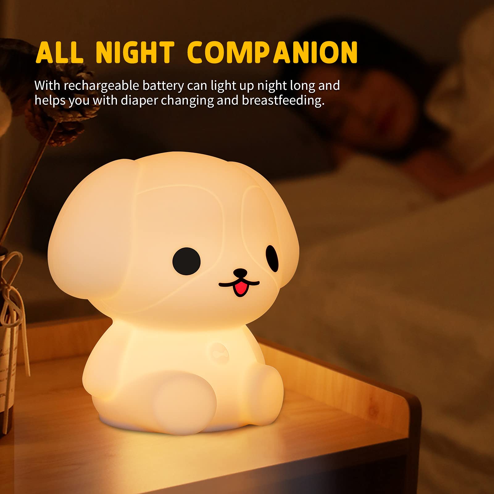 ShaArkMango LED Night Light for Kids, Dimmable Silicone Rubber Puppy Lamp, Rechargeable Bedside Nursery Light