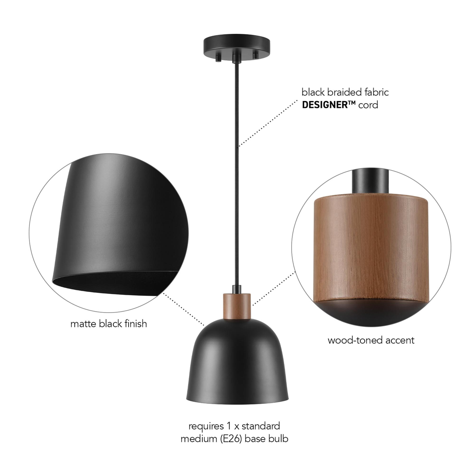 Globe Electric 67000193 1-Light Pendant Lighting, Matte Black, Wood-Toned Accent On Socket, 5Ft Black Fabric Cord, Home Improvem