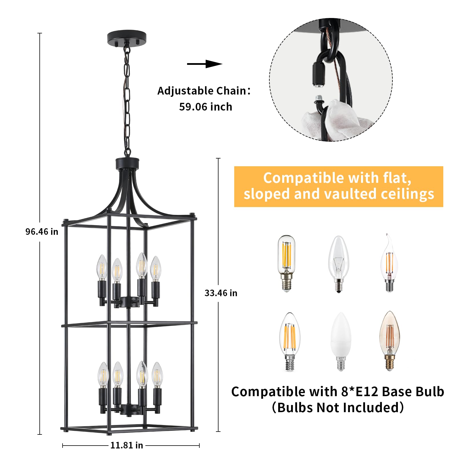 Miaybph Foyer Chandeliers For High Ceilings, Lantern Tiered Black Chandelier Square Light Fixture Metal Farmhouse Pendant Lights