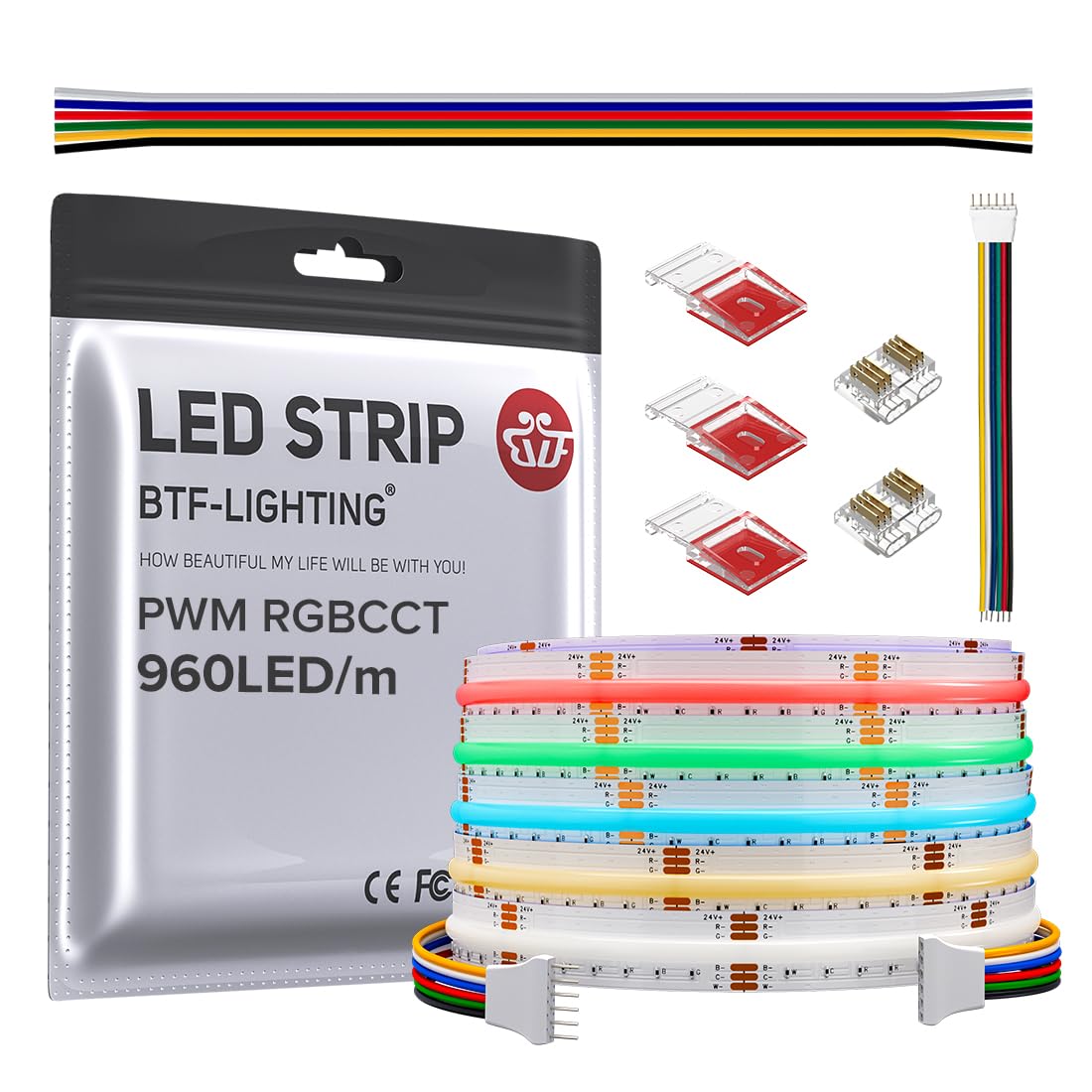 BTF-LIGHTING FCOB COB LED Strip 16.4FT 960LED/m RGB+CCT 3000K-6000K Vinyl Multicolor