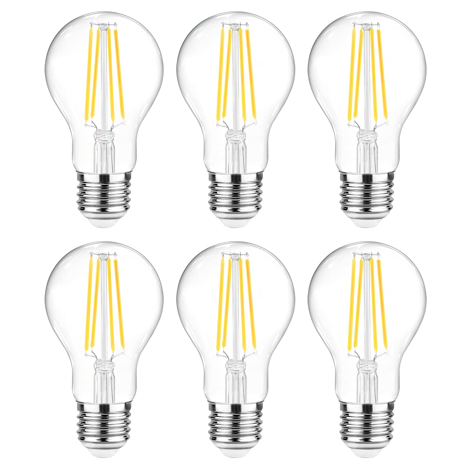 Ascher LED Filament Light Bulbs A19 60W Equivalent Daylight White 4000K Clear Glass Pack of 6