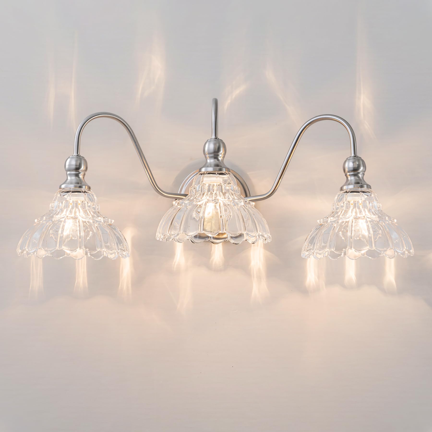 Brknit Vintage Bathroom Light Fixtures Over Mirror  3-Light Brushed Nickel Wall Sconce Lighting With Flower Glass Shade  Farmhouse Vanity Lights For Bedroom Kitchen Living Room Hallway Light