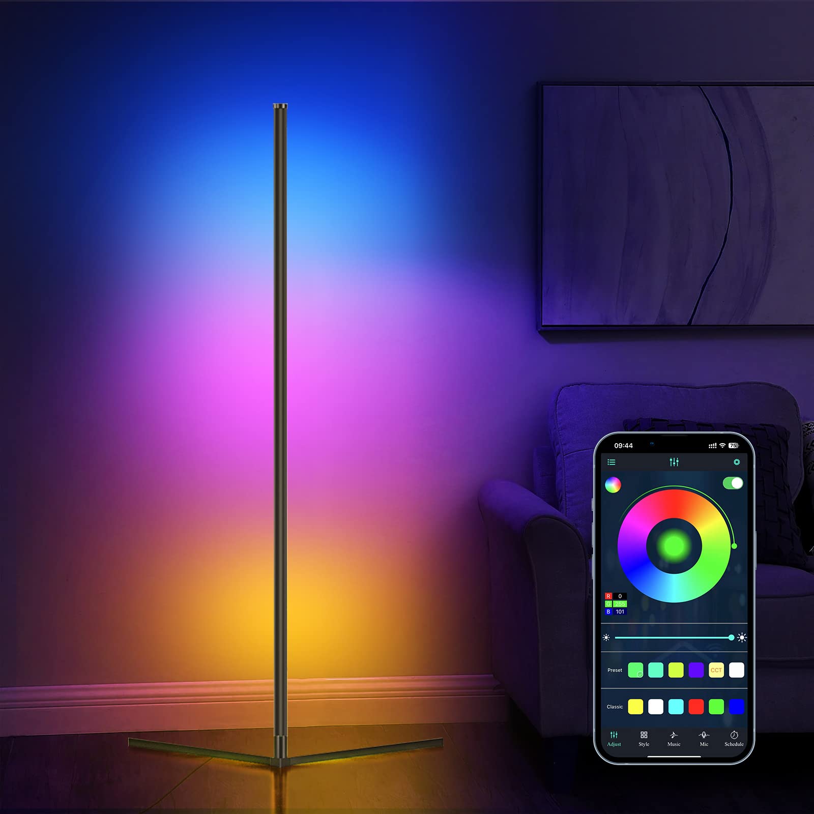 Rgb Corner Floor Lamp, Easter Floor Lamp Rgbic Color Changing Corner Lamp Led Modern Floor Lights With Bluetooth App And Remote Control Music Sync, 65&quot; Rgb Mood Lighting 24H Timing 398+ Diy Modes