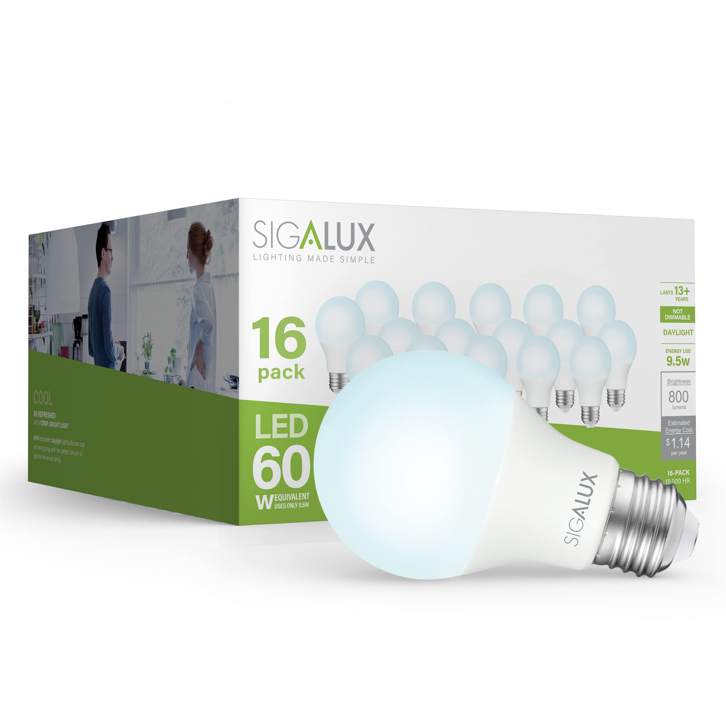 Sigalux A19 Led Light Bulb 60W Equivalent, 9.5W, 800Lm, Non-Dimmable, Daylight 5000K, E26 Base, Ul