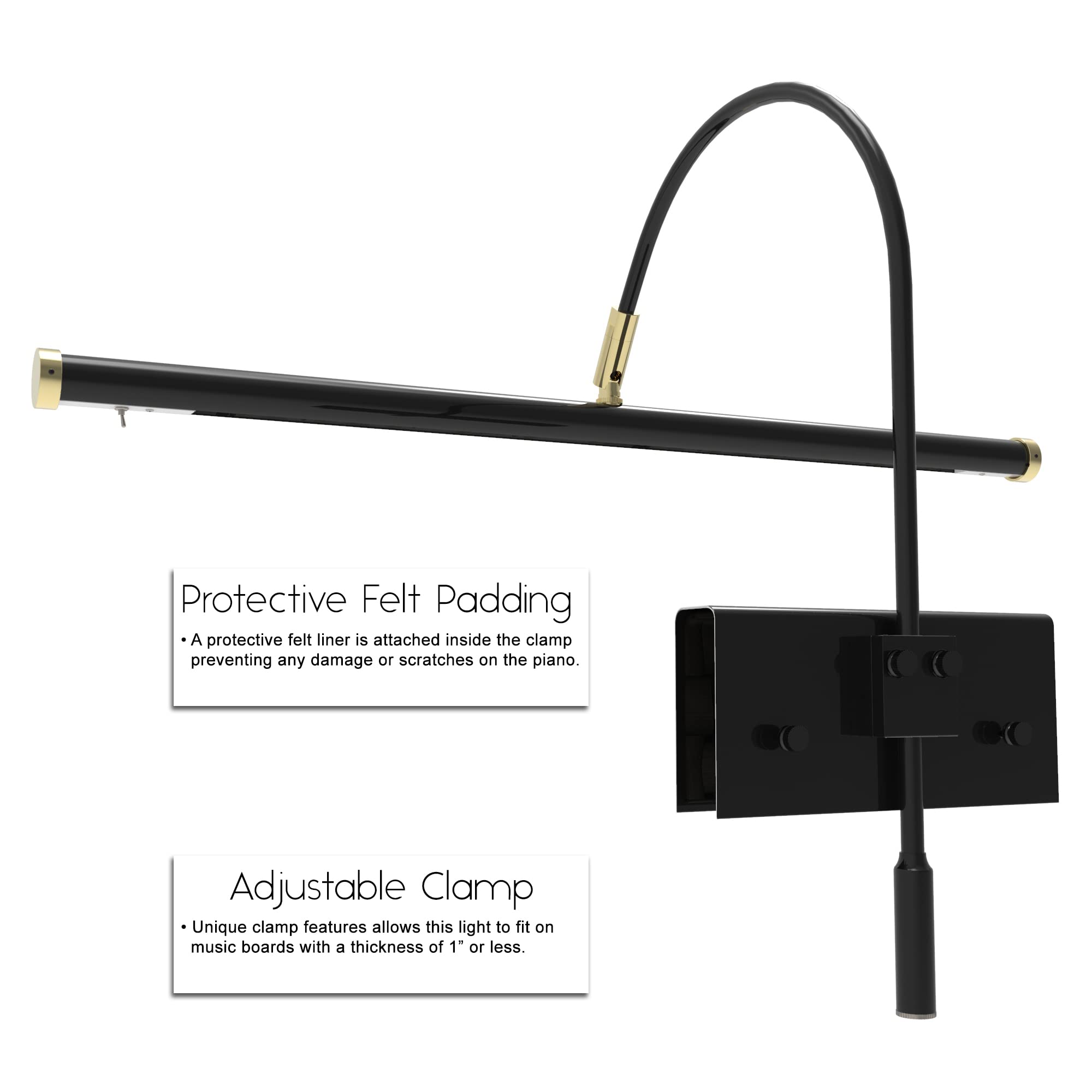 Cocoweb 19&quot; Grand Piano Lamp - Adjustable, Black With Brass Accents, Led Clip-On With Dimmer - Gpled19D