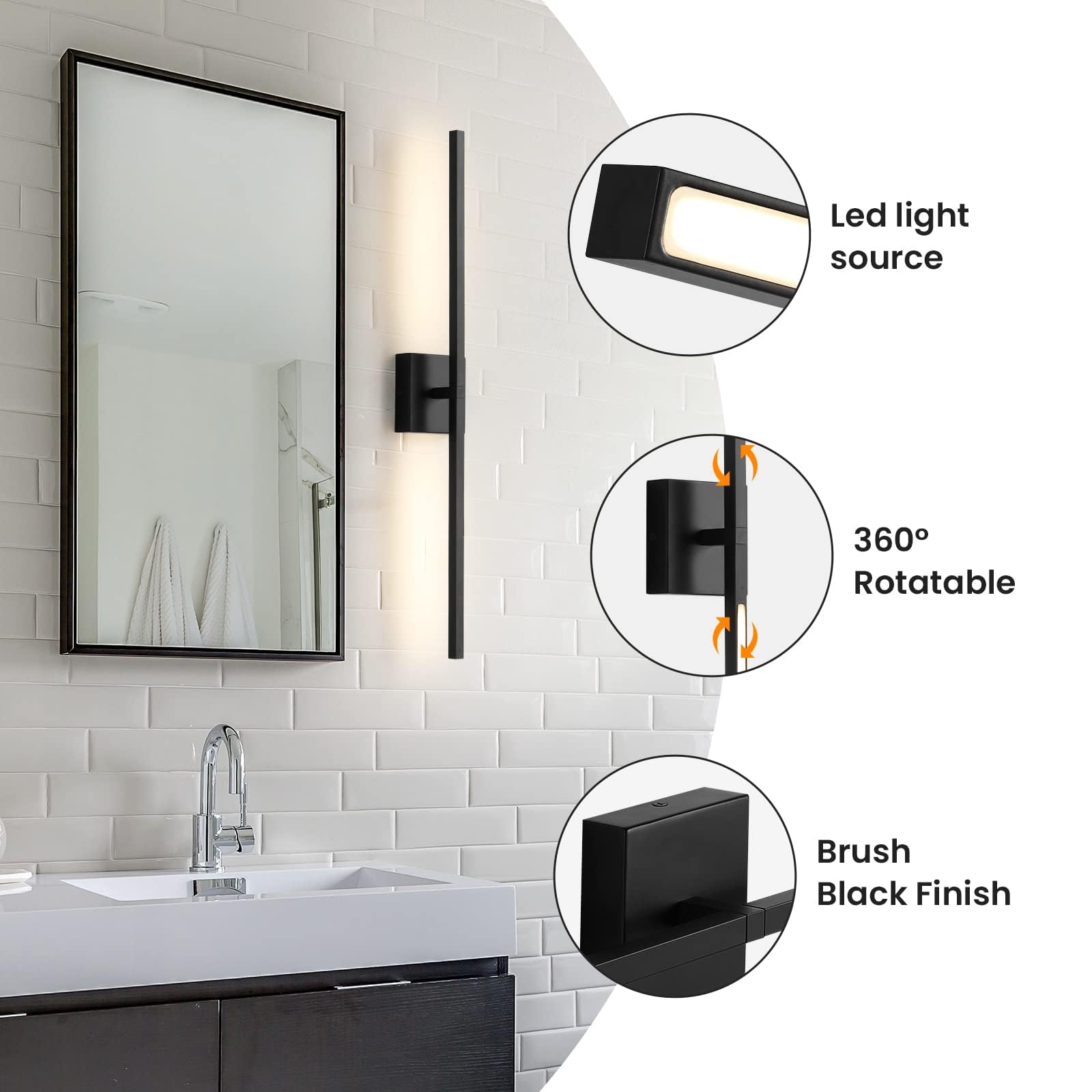 Ccycol Black Bathroom Light Fixtures 360 Rotatable Black Vanity Lights For Bathroom Led Dimmable 30 Inch Modern Wall Sconce With