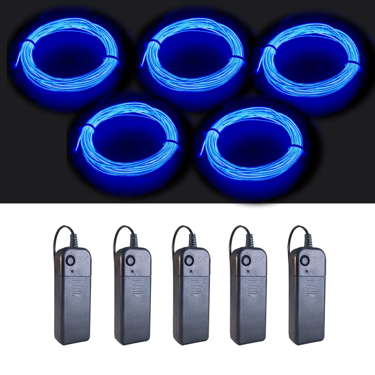MaxLax EL Wire, Blue Neon Light Wire, 9ft, Plastic, Model CXD Wire-001, Noise Reduction, 5 Pack