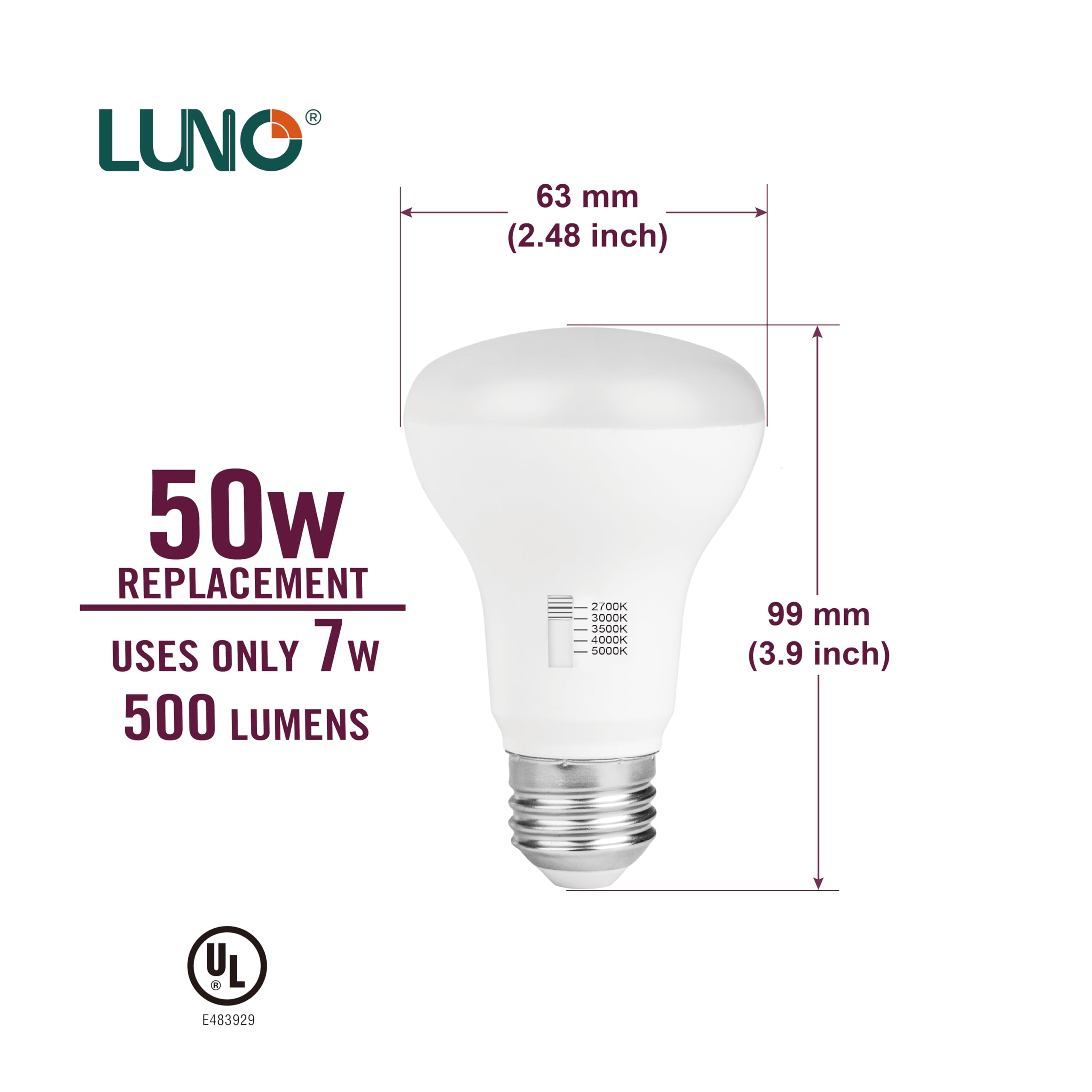 Luno R20 Dimmable Led Bulb, Color Selectable, 7W (50W Equivalent), 500 Lumens, 2700K, 3000K, 3500K, 4000K, 5000K, 5Cct, Flicker