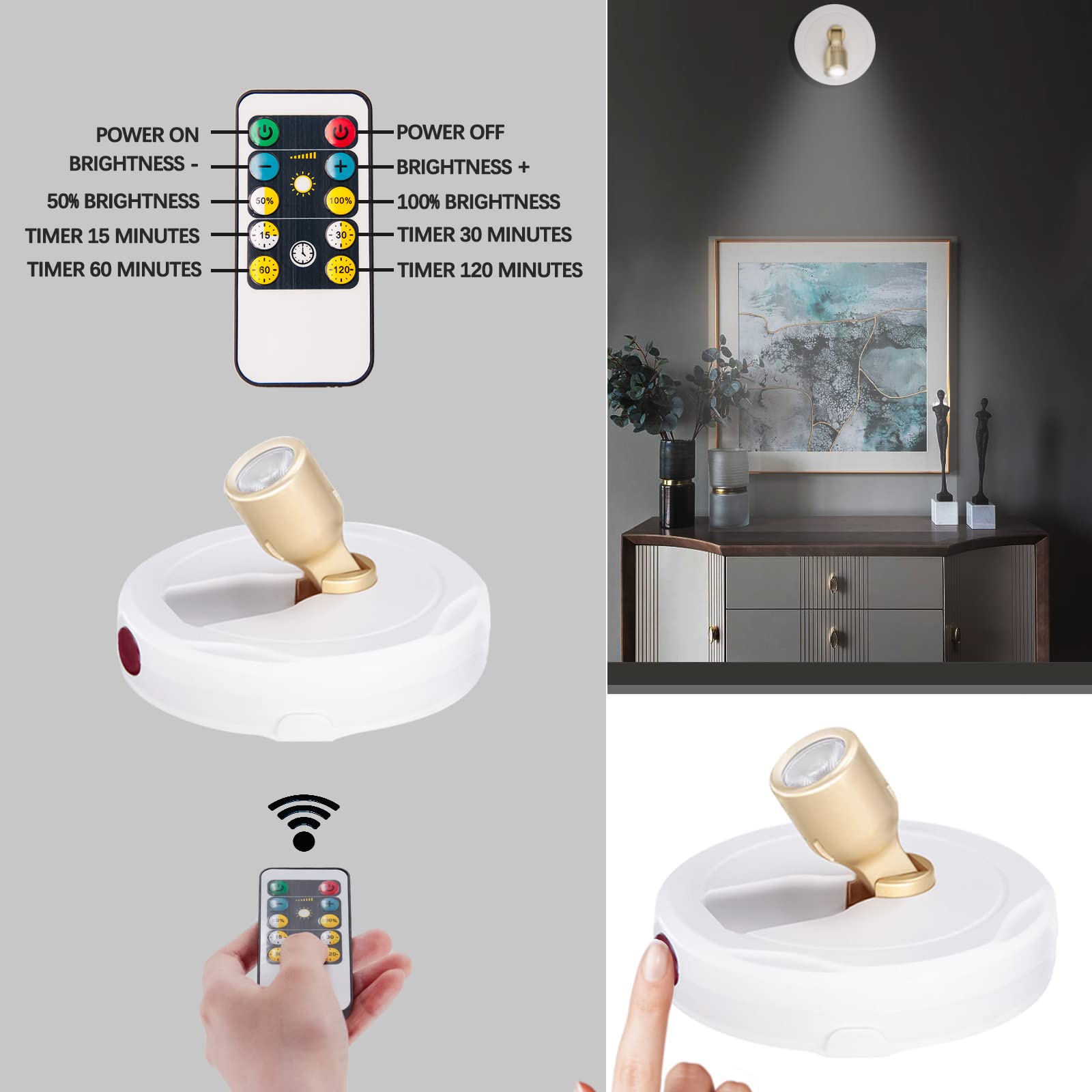 Bergustch Battery Operated Led Spotlight, Picture Light With Remote, Indoor Up Lights, Display Lights, Picture Paintings Light F