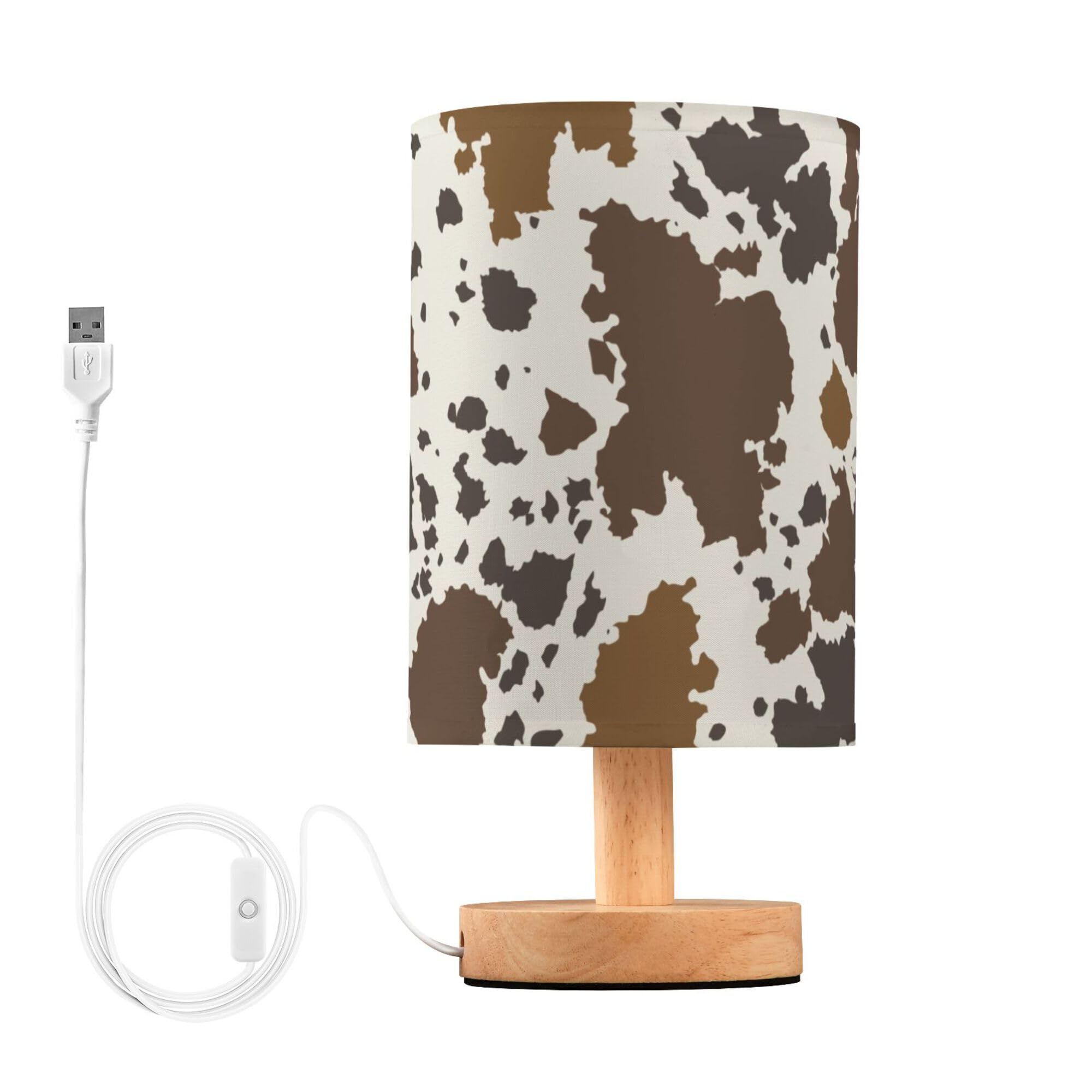 YYZZH Table Lamp Cow Skin Brown Cowhide Pattern Nightstand Lamp with Wood Base Fabric Lamp Shade Bedside Desk Lamp for Living Ro